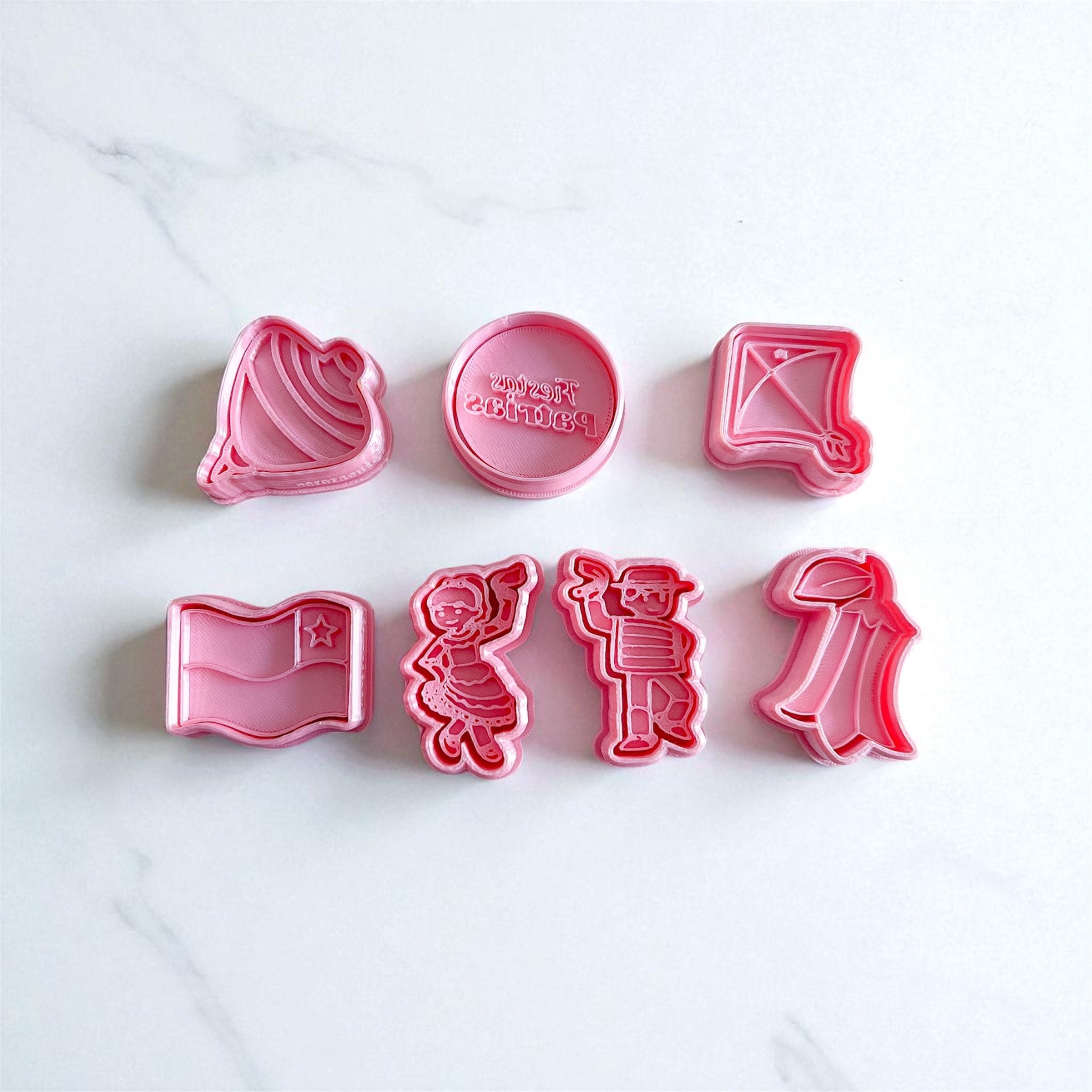 Cortadores y sellos de galletas, Set de 7 figuras de fechas patrias chile 5cm para fondant, reposteria, galletas, masa fria y manualidades