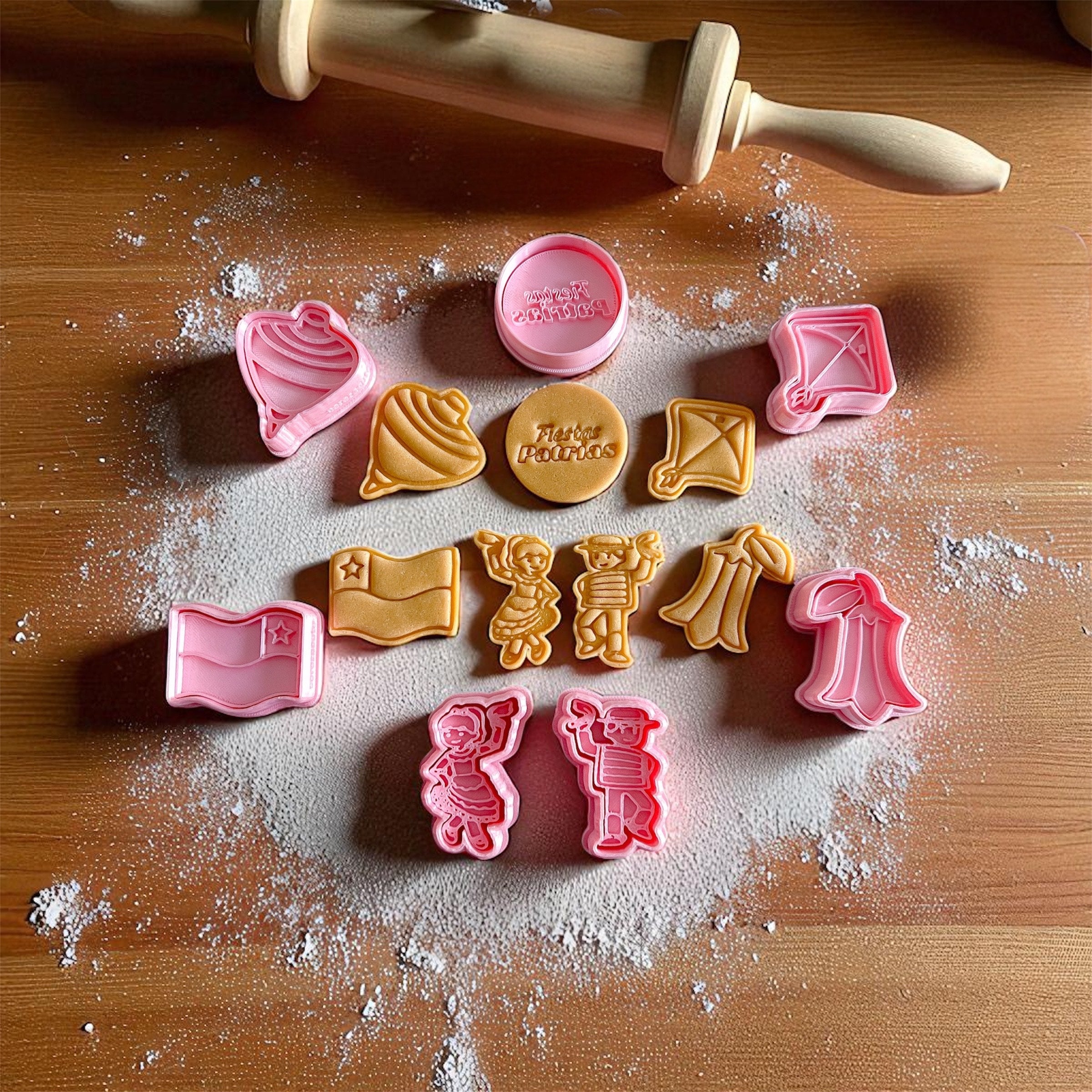Cortadores y sellos de galletas, Set de 7 figuras de fechas patrias chile 5cm para fondant, reposteria, galletas, masa fria y manualidades