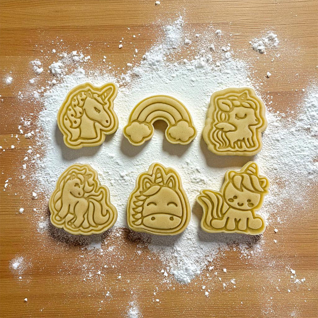 Cortadores y sellos de galletas, Set de 6 figuras de Unicornio, nubes 5cm para fondant reposteria, galletas, masa fria y manualidades.