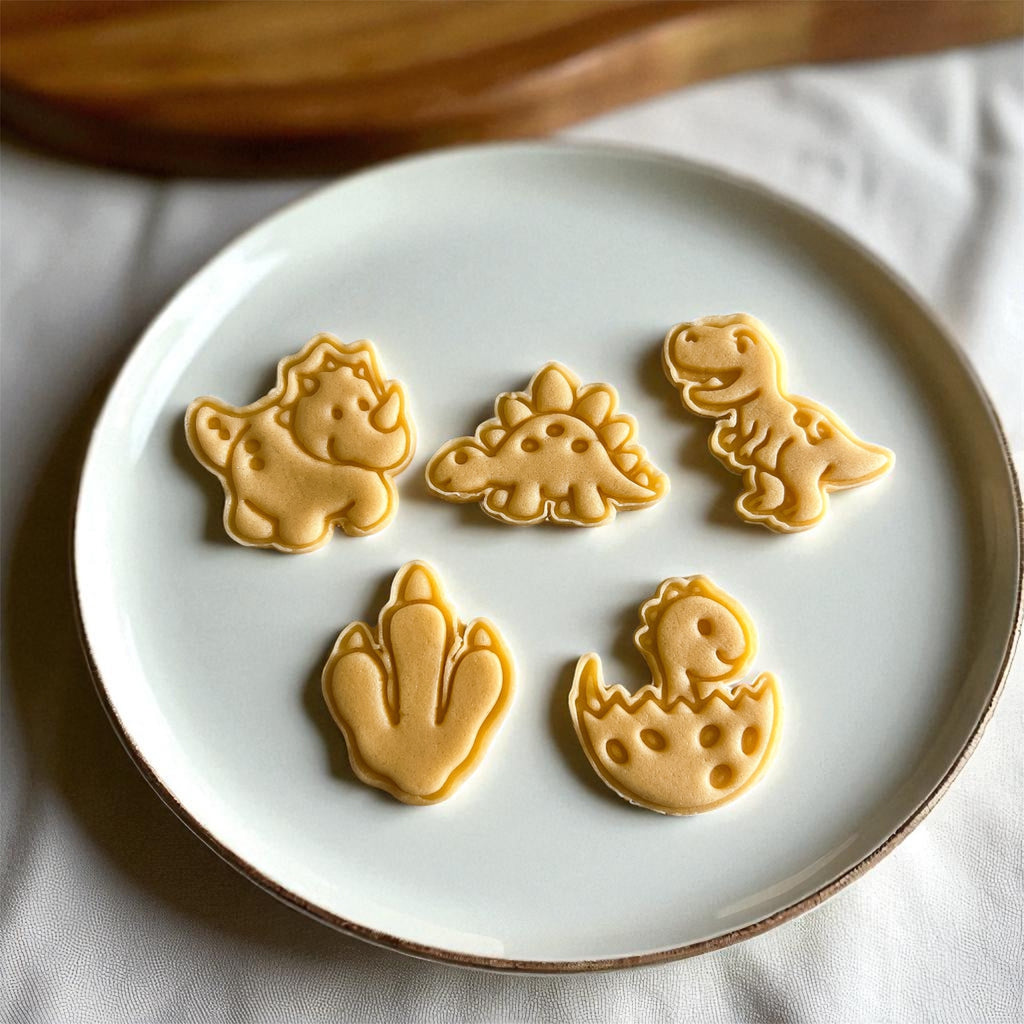 Cortadores y sellos de galletas, Set de 5 figuras de Dinosaurios, 5cm para fondant reposteria, galletas, masa fria y manualidades.