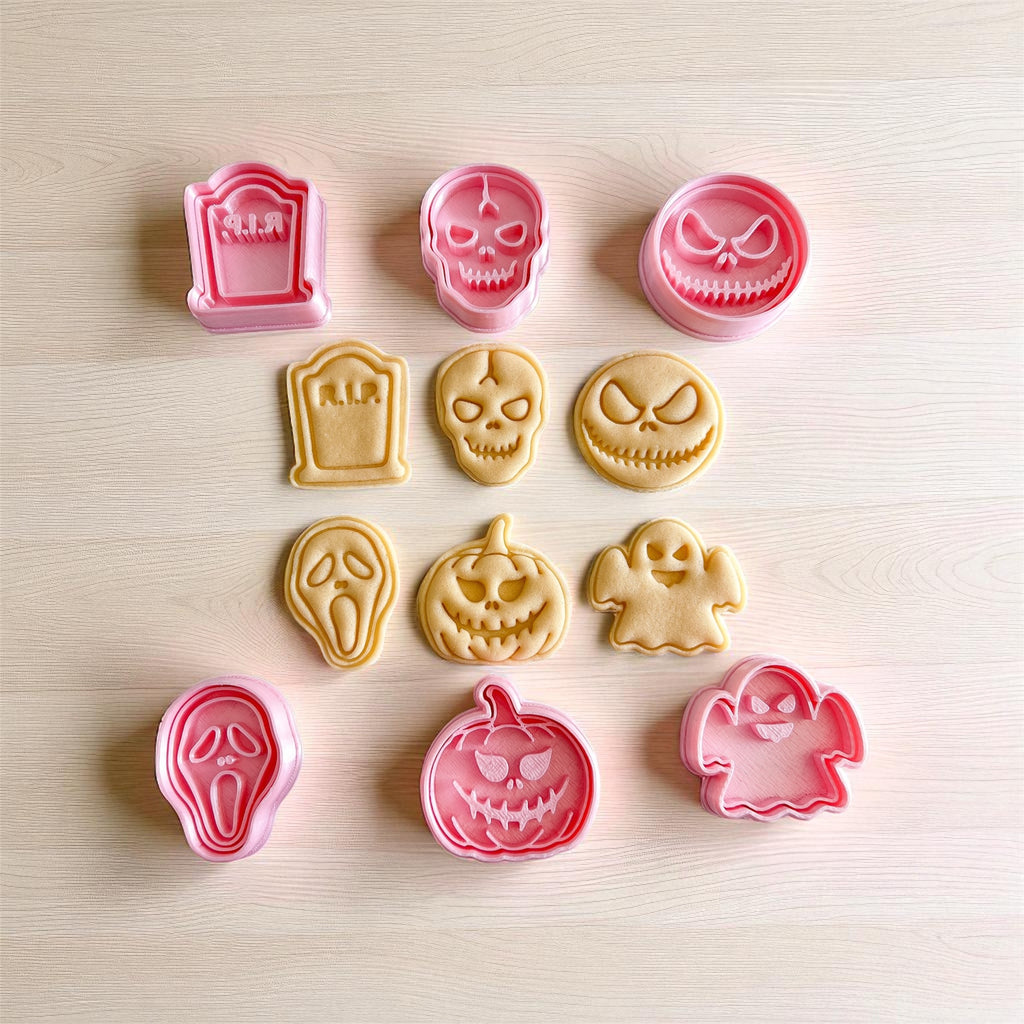 Cortadores y sellos de galletas, Set de 6 figuras de Hallowen 5cm fantasma, calabaza ataud,  fondant reposteria, galletas, masa fria y manualidades