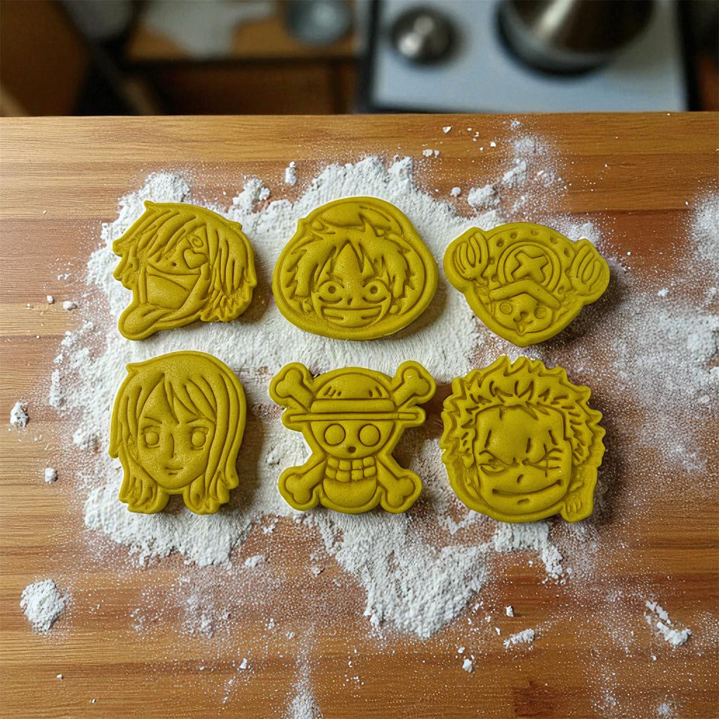 Cortadores y sellos de galletas Set de 6 figuras de Anime one piece 5cm para fondant reposteria, galletas, masa fria y manualidades.