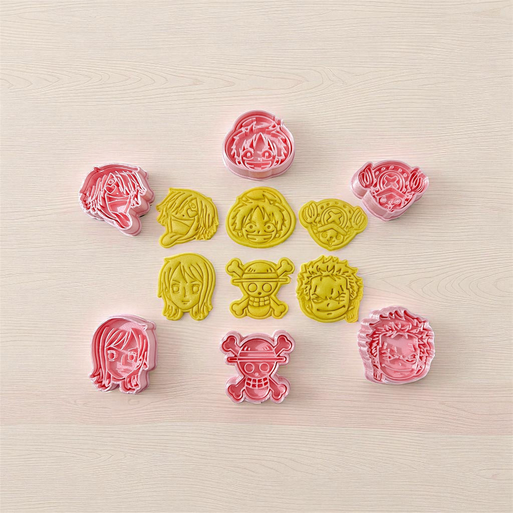 Cortadores y sellos de galletas Set de 6 figuras de Anime one piece 5cm para fondant reposteria, galletas, masa fria y manualidades.