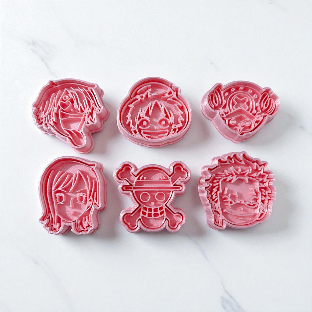 Cortadores y sellos de galletas Set de 6 figuras de Anime one piece 5cm para fondant reposteria, galletas, masa fria y manualidades.