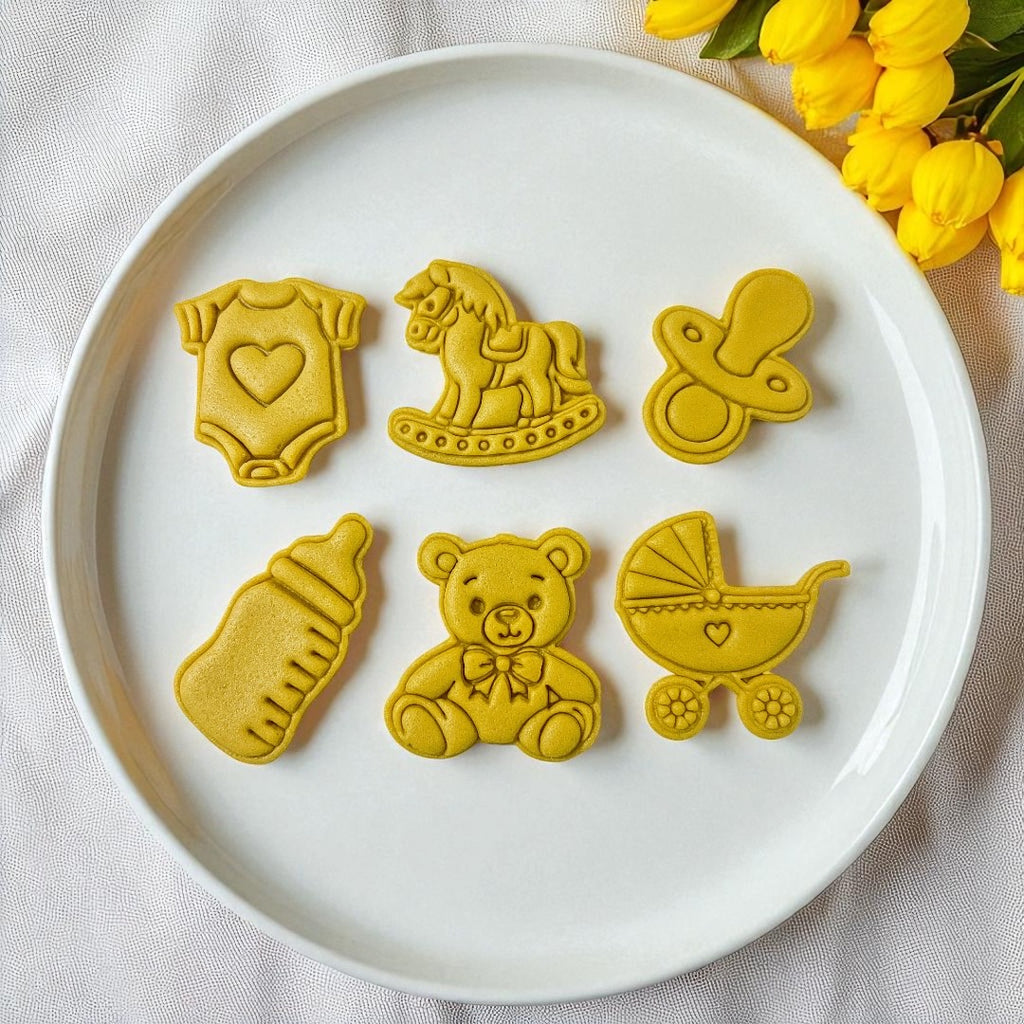 Cortadores y sellos de galletas Set de 6 figuras de Baby Shower, revelacion de sexo para fondant reposteria, galletas, masa fria y manualidades.