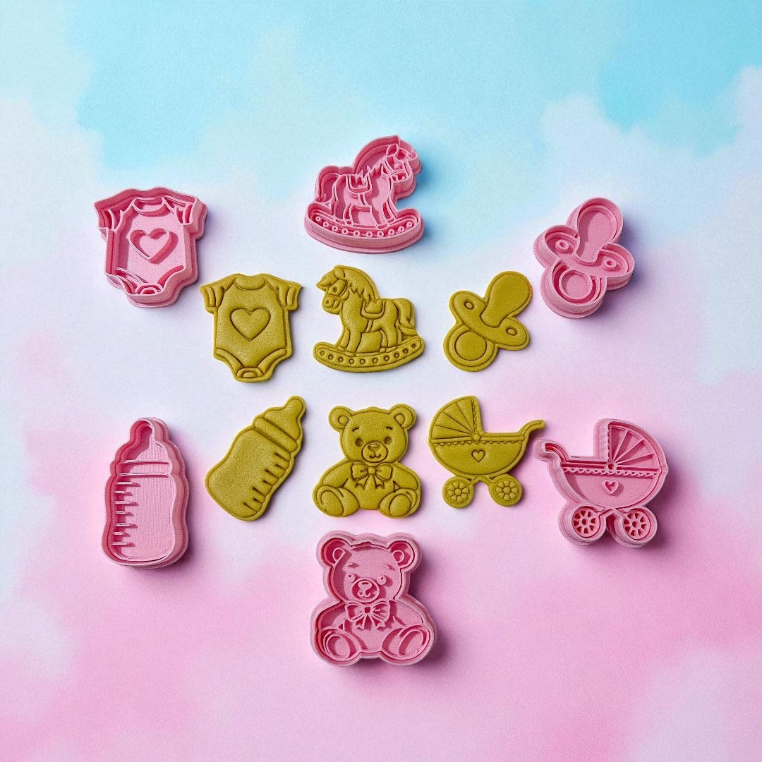 Cortadores y sellos de galletas Set de 6 figuras de Baby Shower, revelacion de sexo para fondant reposteria, galletas, masa fria y manualidades.