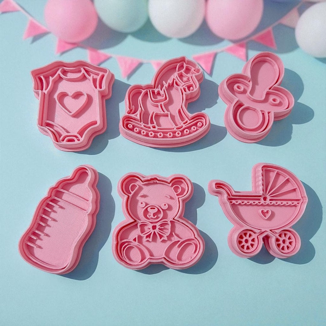 Cortadores y sellos de galletas Set de 6 figuras de Baby Shower, revelacion de sexo para fondant reposteria, galletas, masa fria y manualidades.