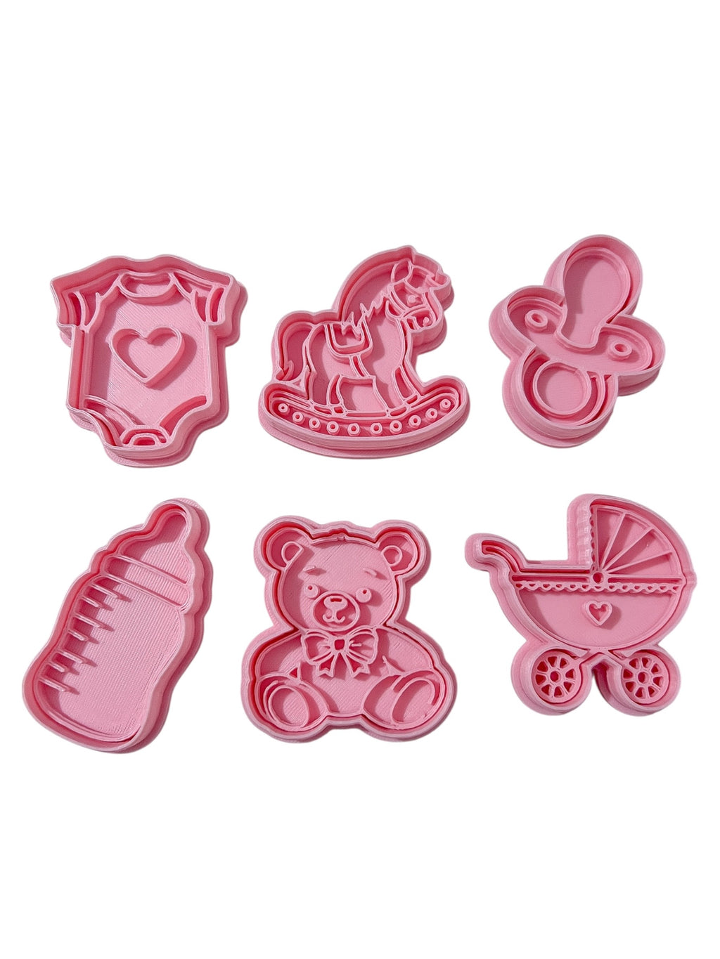 Cortadores y sellos de galletas Set de 6 figuras de Baby Shower, revelacion de sexo para fondant reposteria, galletas, masa fria y manualidades.