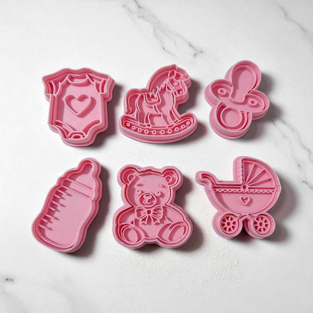 Cortadores y sellos de galletas Set de 6 figuras de Baby Shower, revelacion de sexo para fondant reposteria, galletas, masa fria y manualidades.