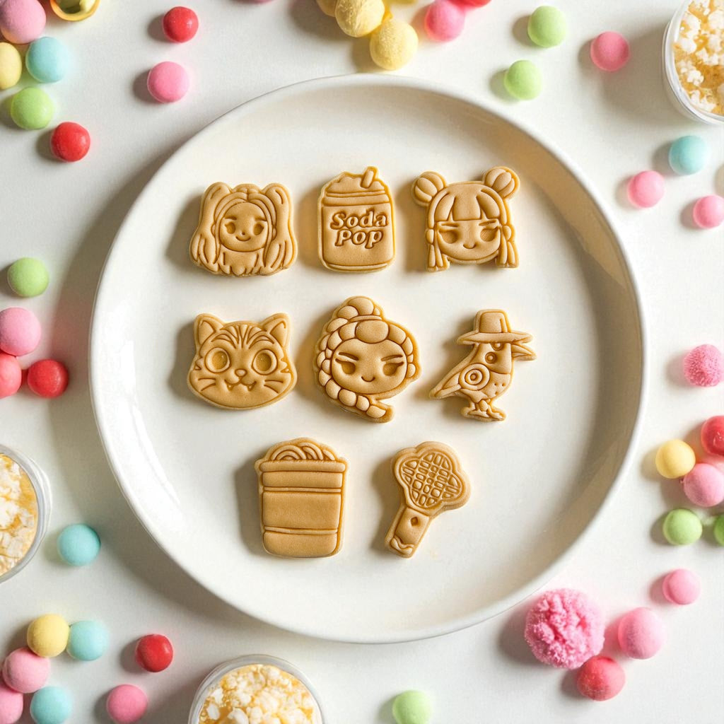 Cortadores y sellos de galletas Set de 8 figuras de Las Guerreras De Kpop 5cm para fondant, masa fria, manualidades y galletas.