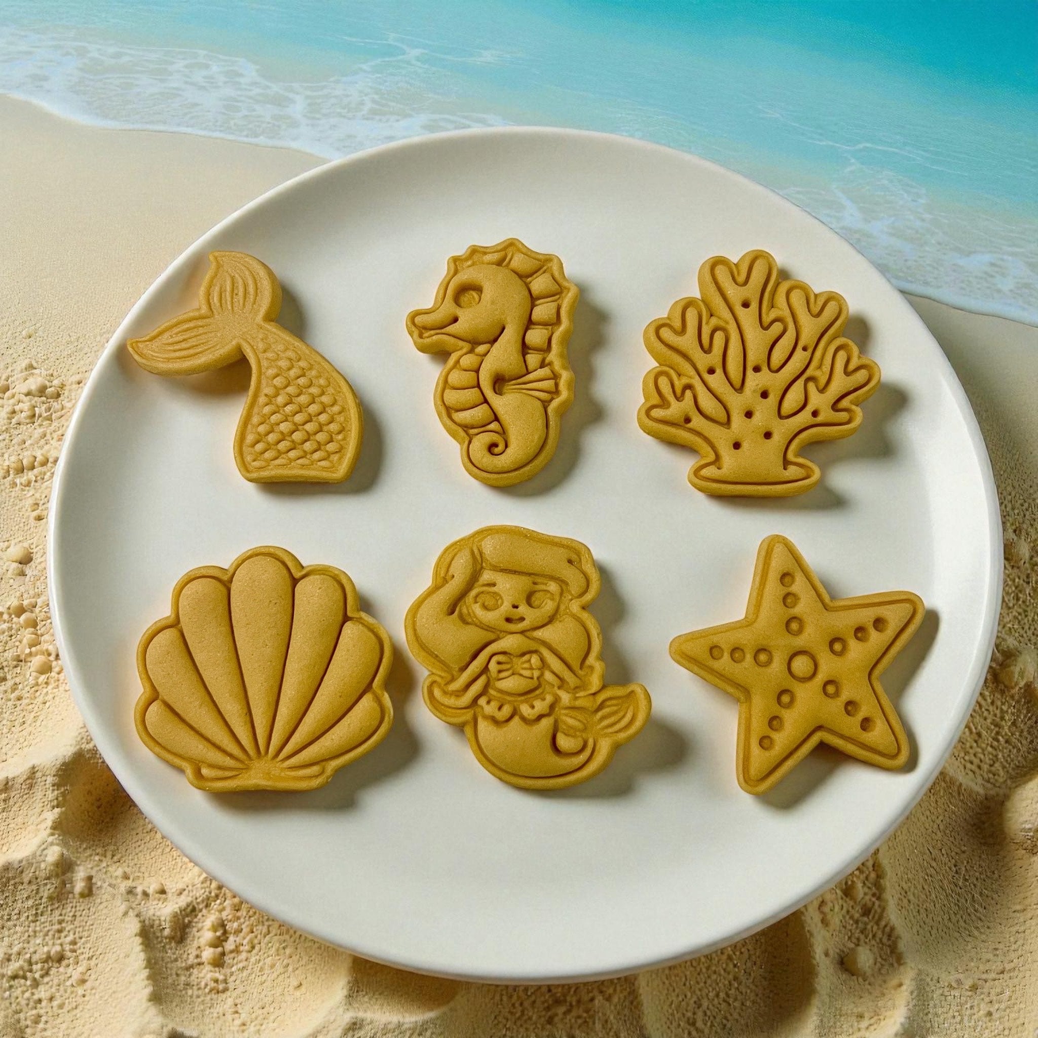 Cortadores y sellos de galletas Set de 6 figuras de Animales del mar, vaca, sirena 5cm para fondant reposteria, galletas, masa fria y manualidades.