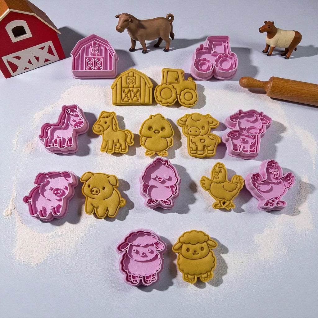 Cortadores y sellos de galletas Set de 8 figuras de Animales de la granja, vaca, gallina de 5cm para fondant reposteria, galletas, masa fria y manualidades.