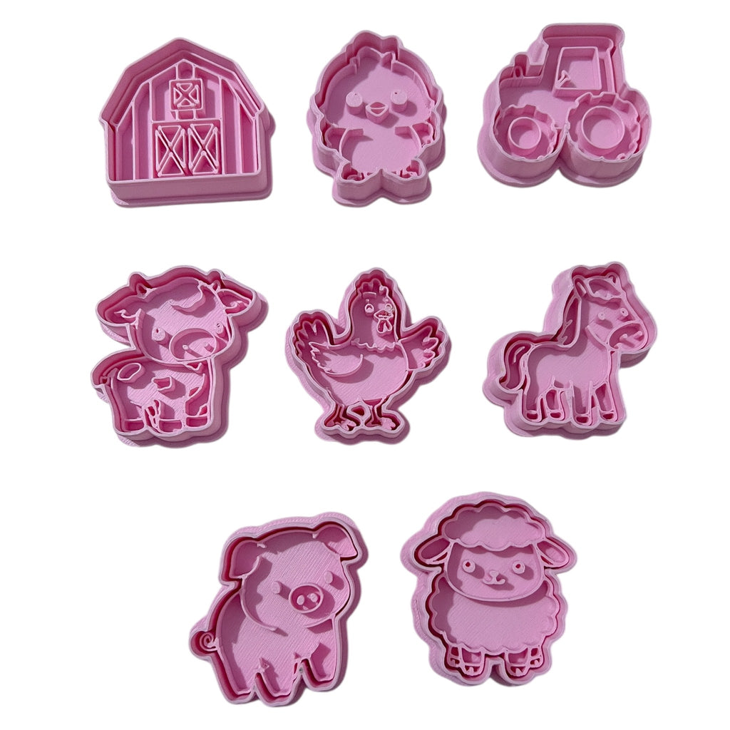 Cortadores y sellos de galletas Set de 8 figuras de Animales de la granja, vaca, gallina de 5cm para fondant reposteria, galletas, masa fria y manualidades.