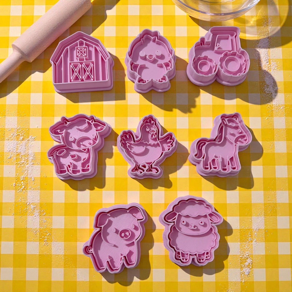 Cortadores y sellos de galletas Set de 8 figuras de Animales de la granja, vaca, gallina de 5cm para fondant reposteria, galletas, masa fria y manualidades.