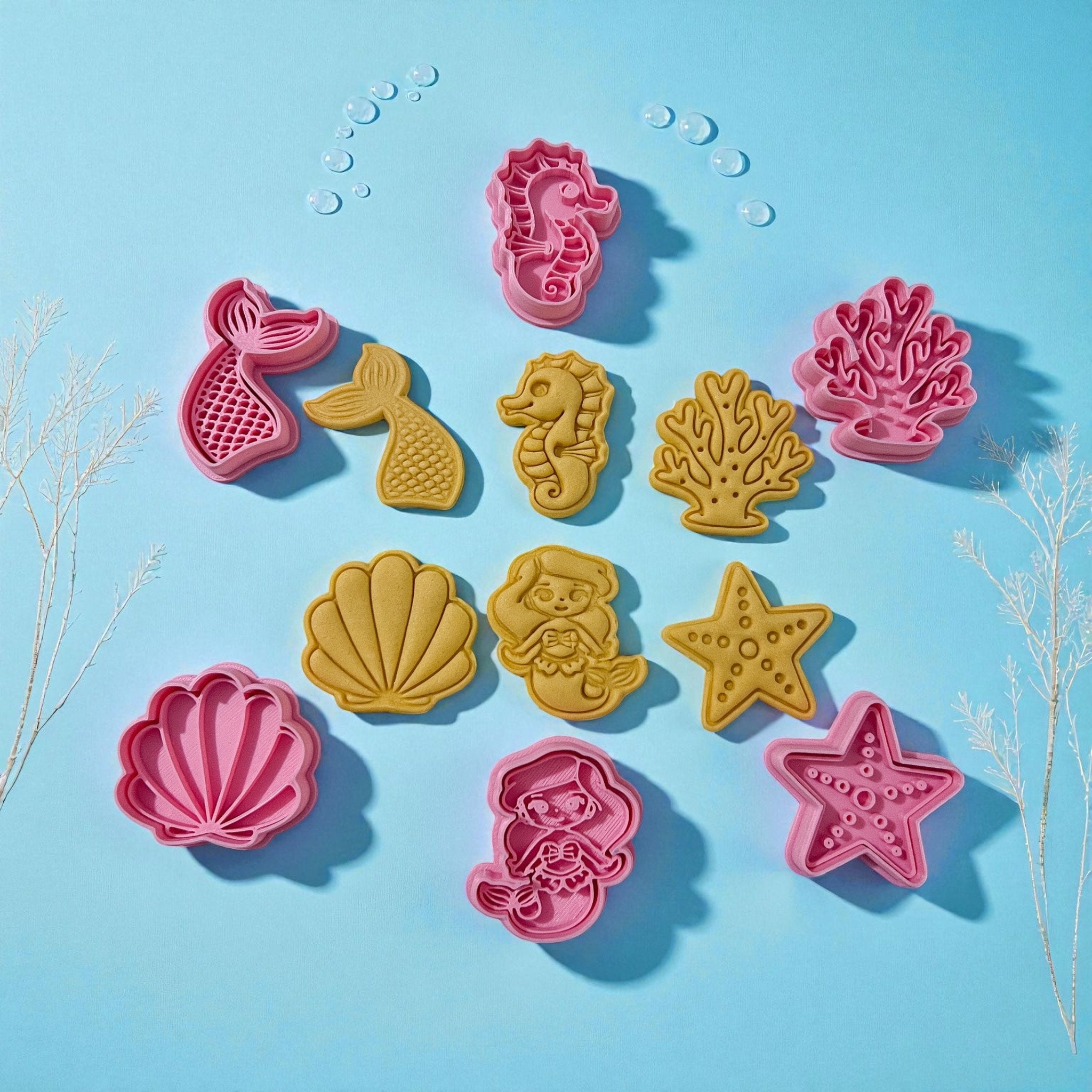 Cortadores y sellos de galletas Set de 6 figuras de Animales del mar, vaca, sirena 5cm para fondant reposteria, galletas, masa fria y manualidades.