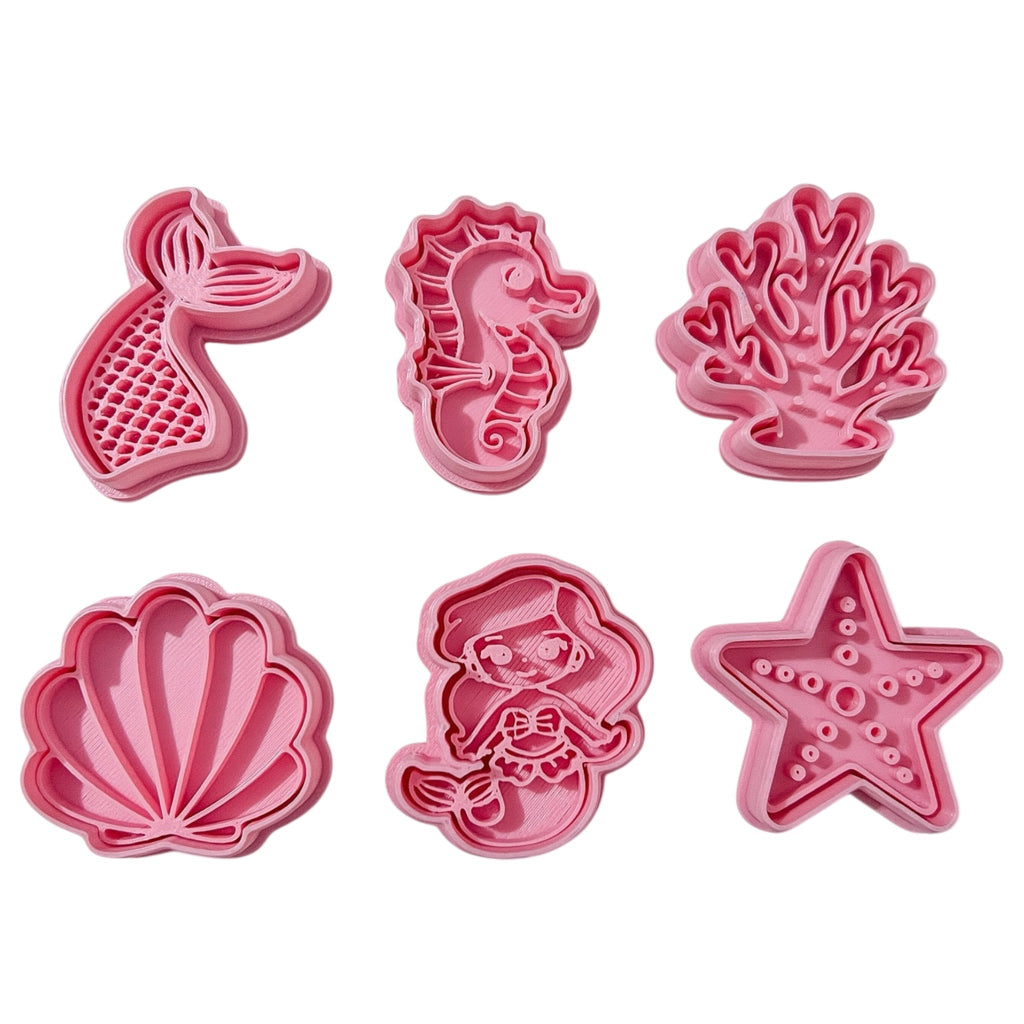 Cortadores y sellos de galletas Set de 6 figuras de Animales del mar, vaca, sirena 5cm para fondant reposteria, galletas, masa fria y manualidades.