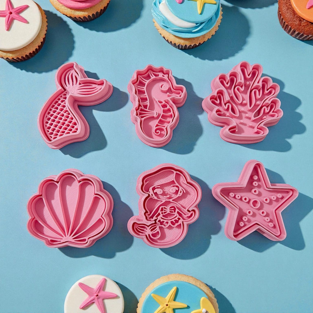 Cortadores y sellos de galletas Set de 6 figuras de Animales del mar, vaca, sirena 5cm para fondant reposteria, galletas, masa fria y manualidades.