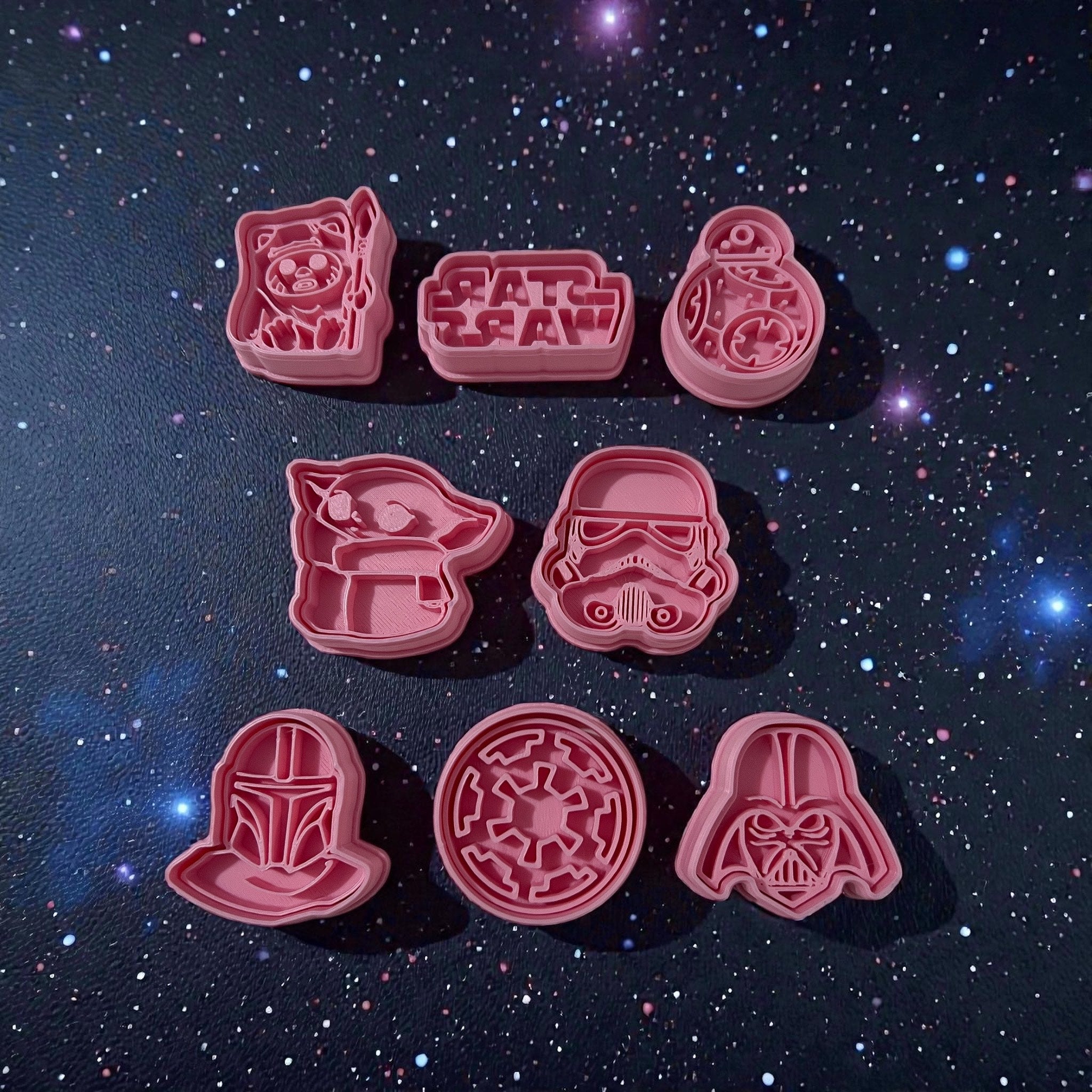 Cortadores y sellos de galletas, Set de 8 figuras de Galaxia de pelicula tematica de 5cm para fondant, reposteria, galletas, masa fria y manualidades