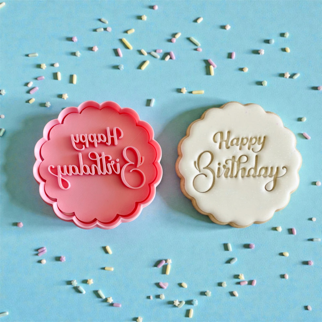 Cortador y sello de galleta Happy Birthday 8CM para fondant reposteria, galletas, masa fria y manualidades.