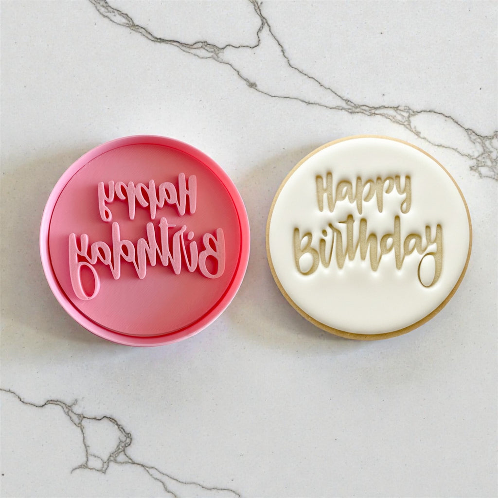 Cortador y sello de galleta Happy Birthday 8CM para fondant reposteria, galletas, masa fria y manualidades.