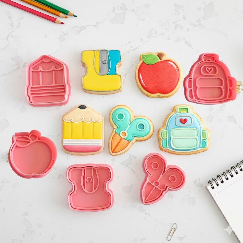 Cortadores y sellos de galletas Set de 5 figuras de KIT Escolar, lapiz, tijera de 5cm para fondant reposteria, galletas, masa fria y manualidades.