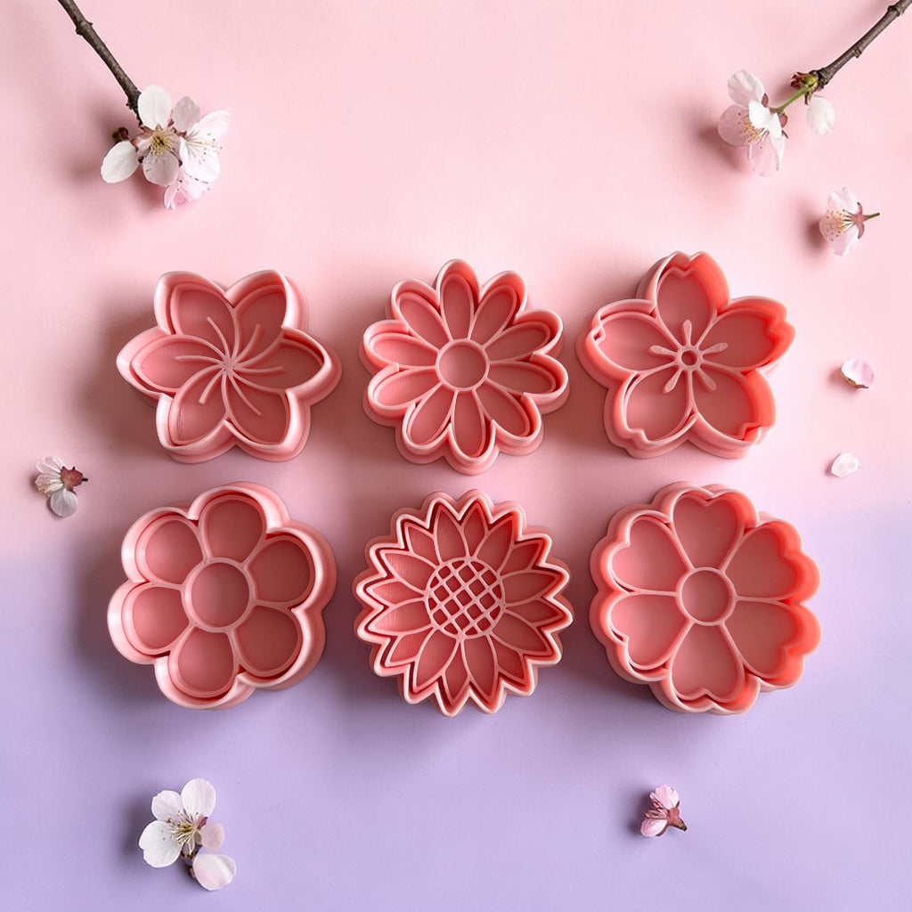 Cortadores y sellos de galletas Set de 6 diseños de Flores, girasol, de 5cm para fondant reposteria, galletas, masa fria y manualidades.