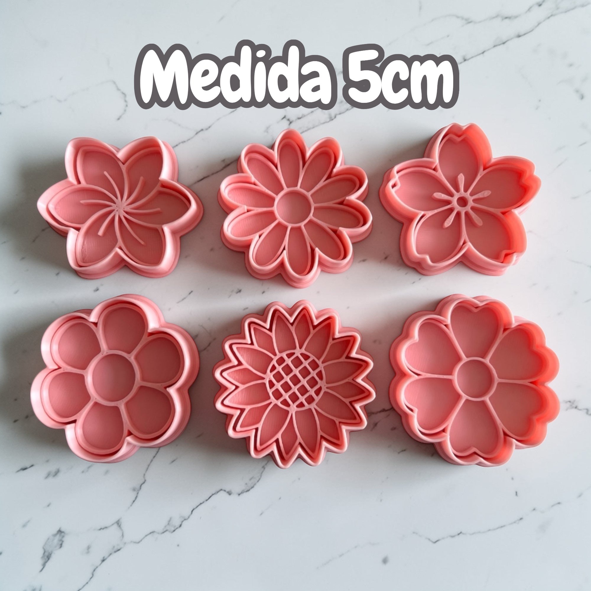 Cortadores y sellos de galletas Set de 6 diseños de Flores, girasol, de 5cm para fondant reposteria, galletas, masa fria y manualidades.