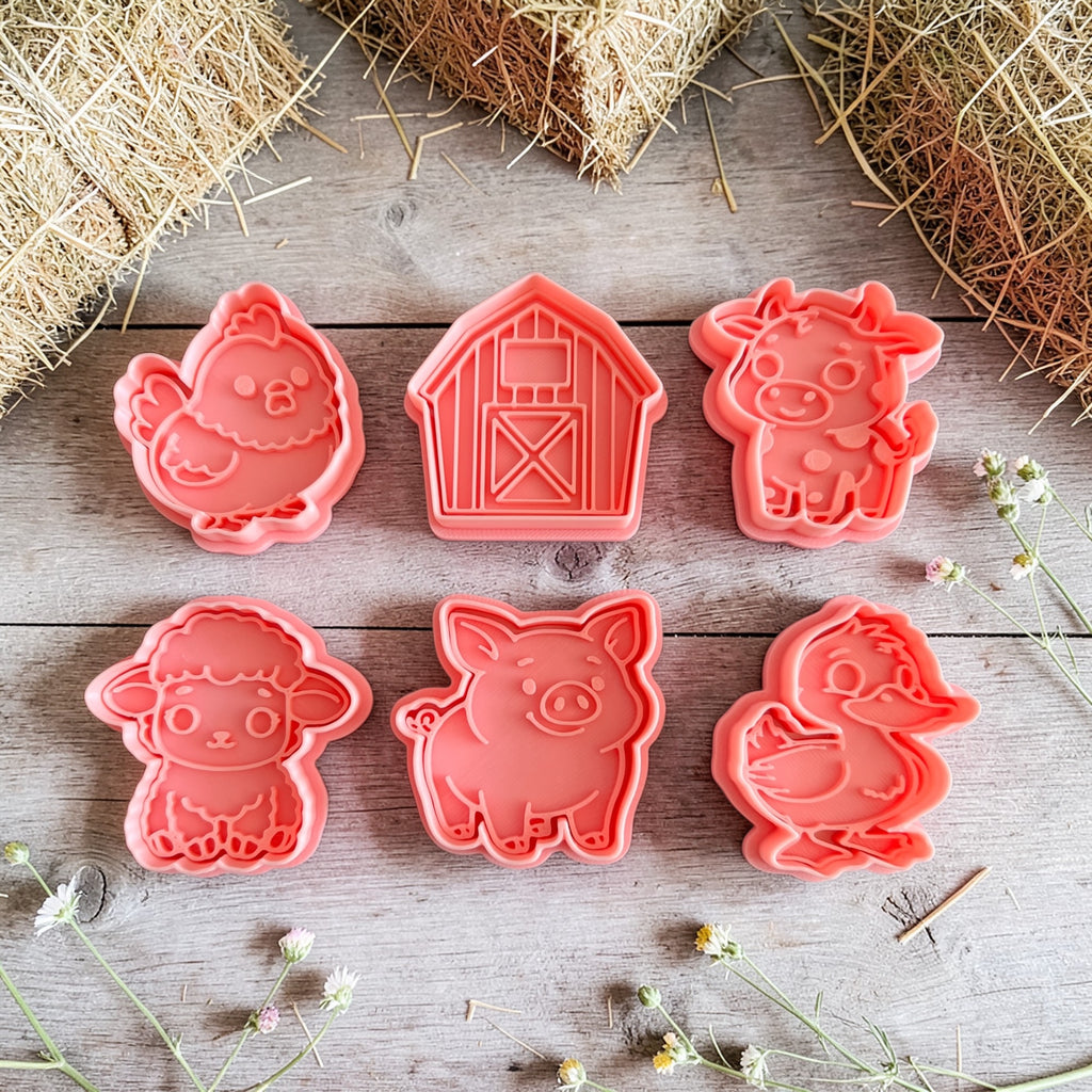 Cortadores y sellos de galletas Set de 6 figuras de Animales de la granja, vaca, gallina de 5cm para fondant reposteria, galletas, masa fria y manualidades. (Copia)