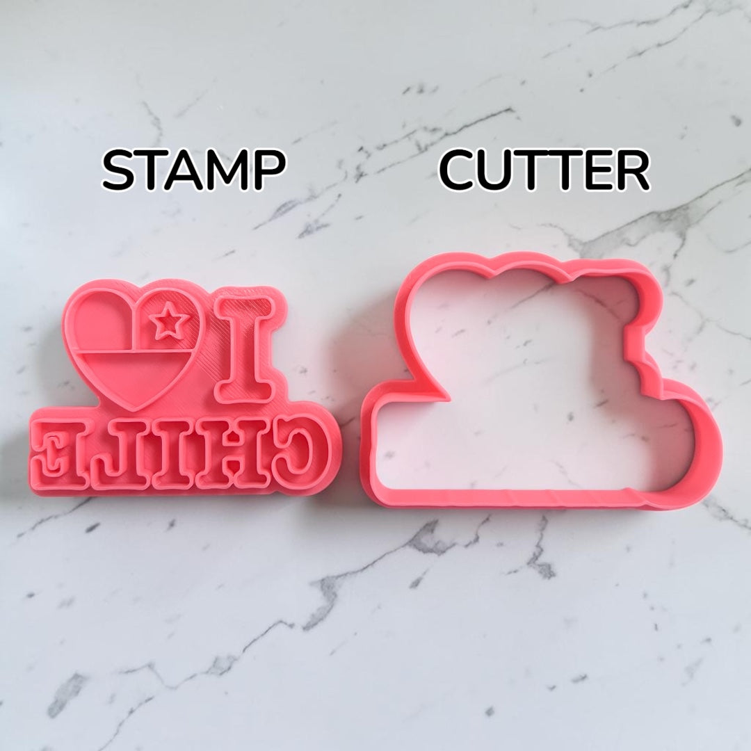 Cortador y sello de galleta Yo amo Chile para fondant reposteria, galletas, masa fria y manualidades.