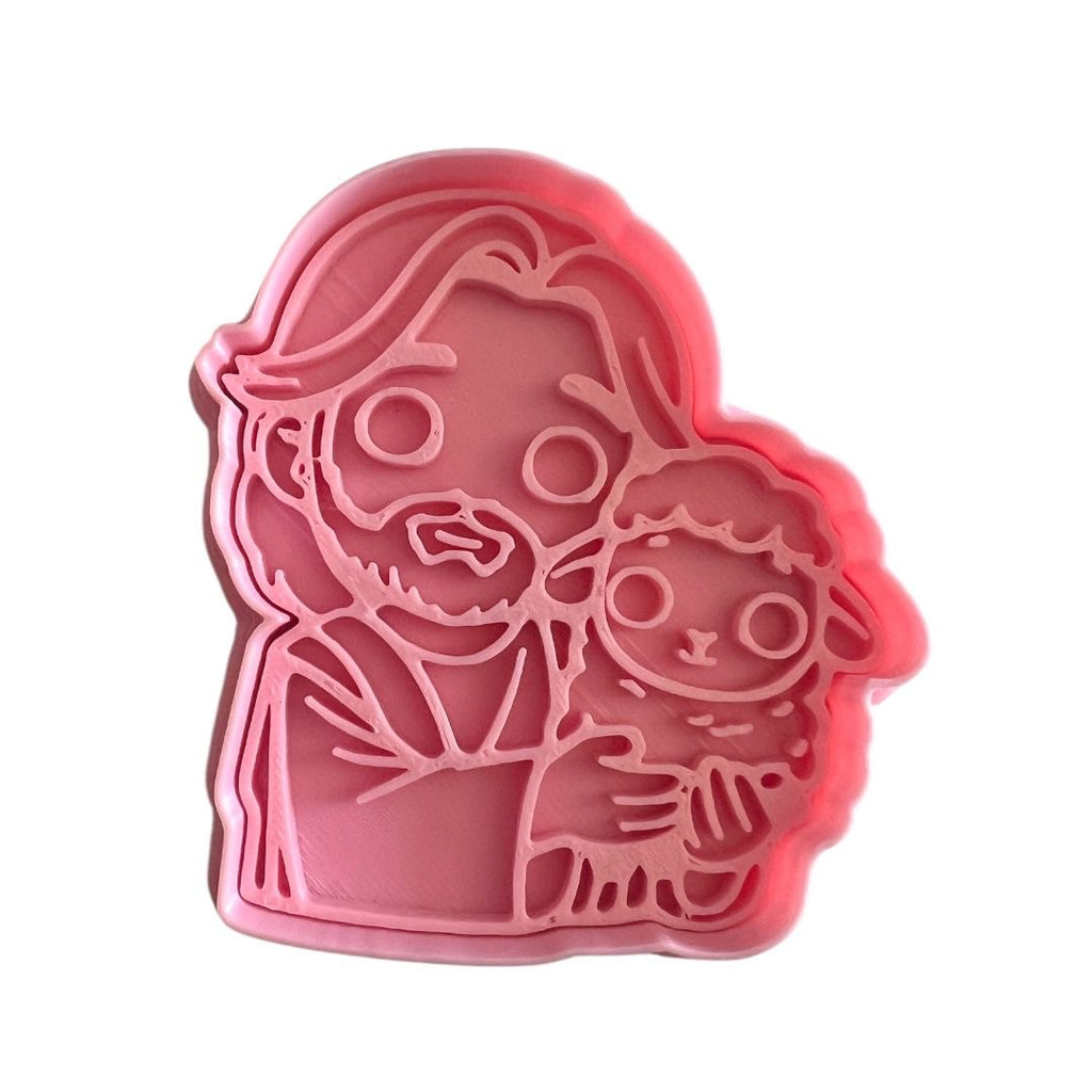 Cortador y sello de galleta Jesus de Nazareth con oveja para fondant reposteria, galletas, masa fria y manualidades.