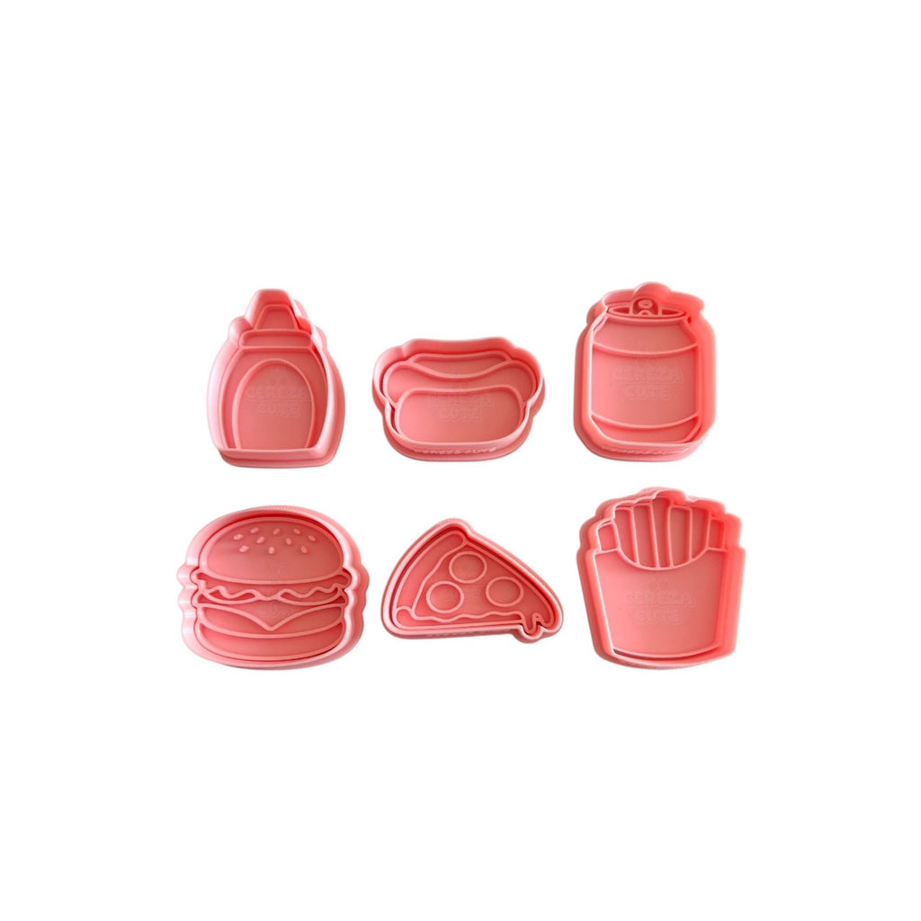 Cortadores y sellos de galletas Set de 6 diseños de comida rapida, papitas fritas, pizza de 5cm para fondant reposteria, galletas, masa fria y manualidades.