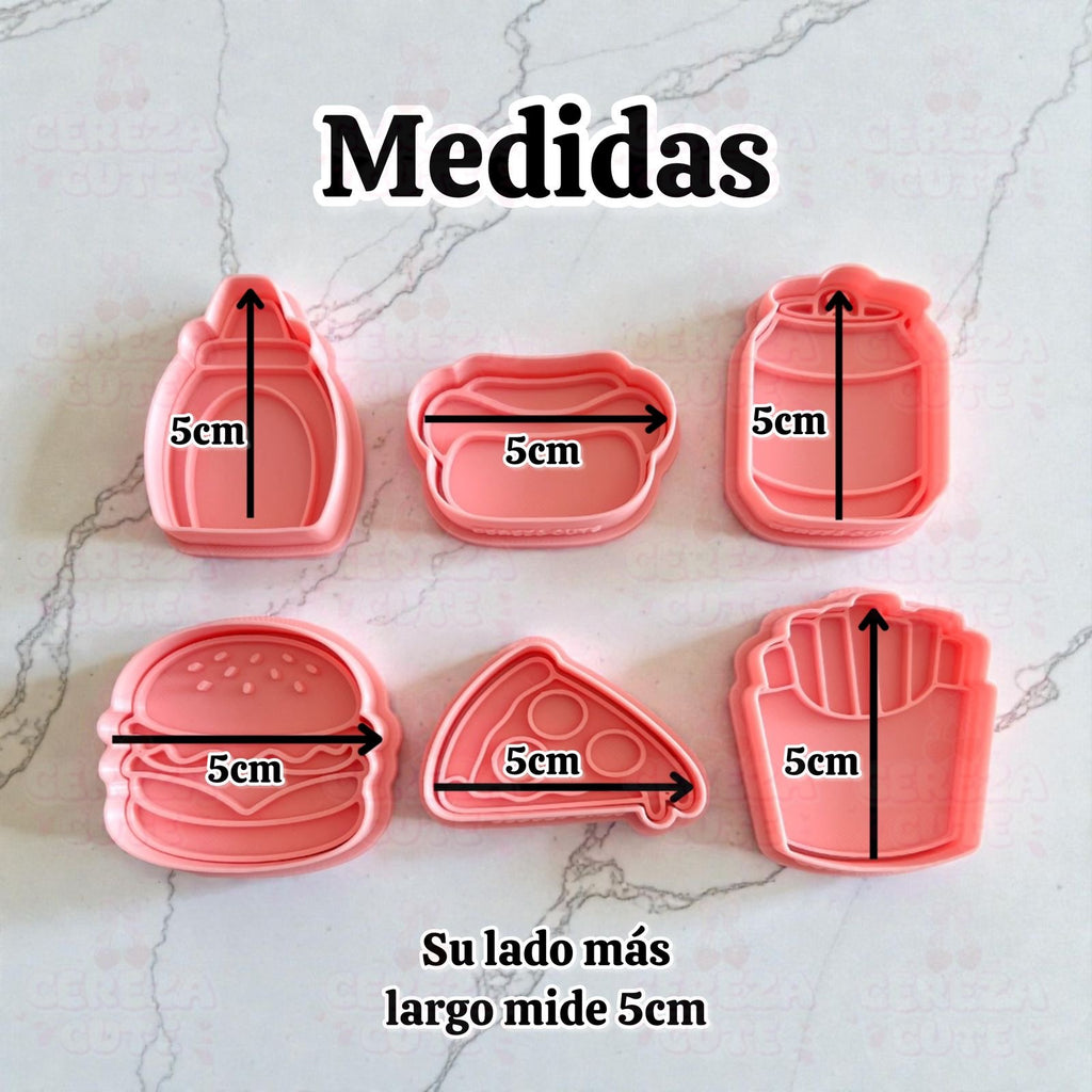 Cortadores y sellos de galletas Set de 6 diseños de comida rapida, papitas fritas, pizza de 5cm para fondant reposteria, galletas, masa fria y manualidades.