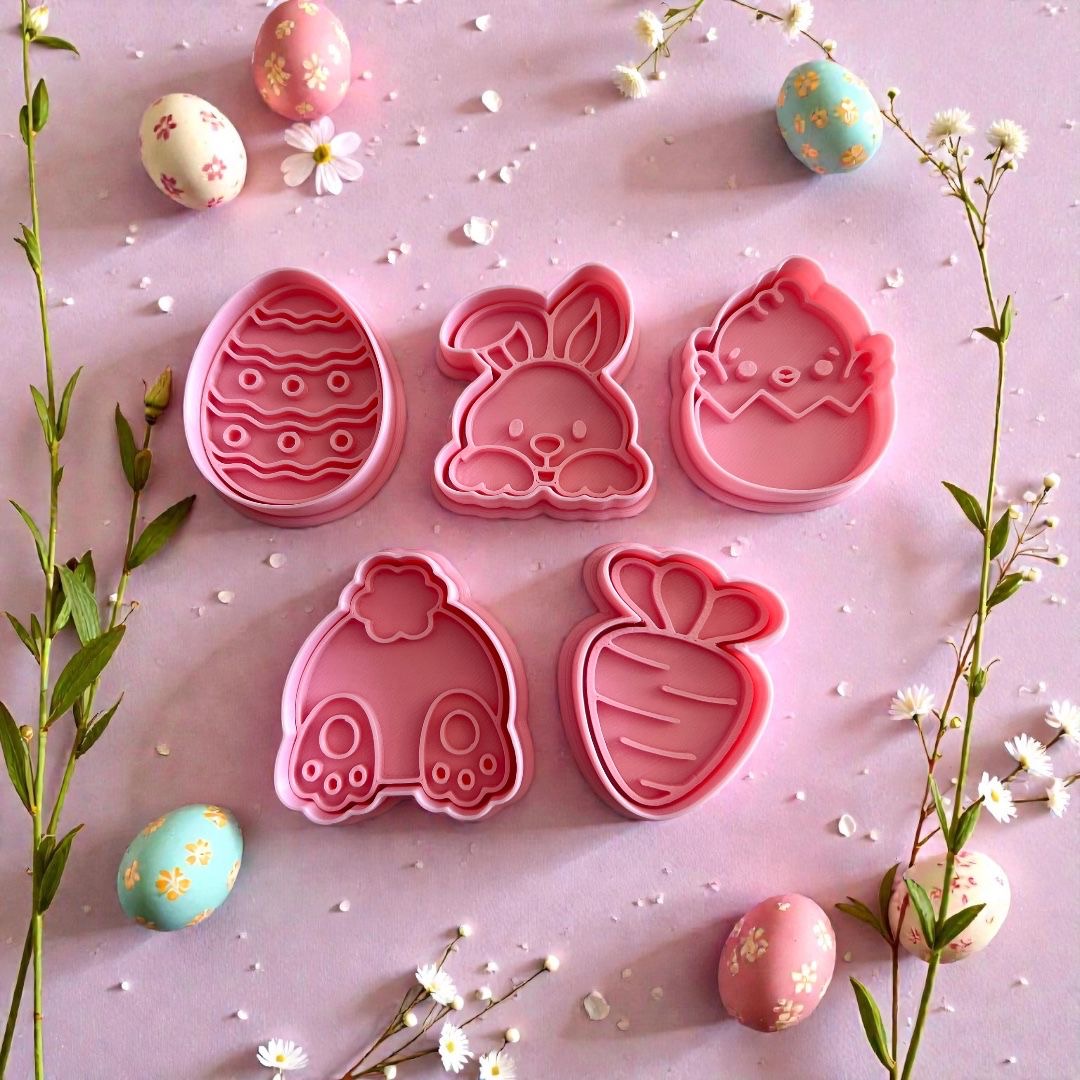 Cortadores y sellos de galletas Set de 6 figuras de Pascua, conejos, huevos vaca, de 5cm para fondant reposteria, galletas, masa fria y manualidades.