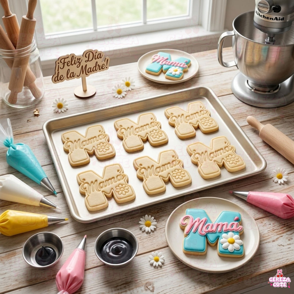 Cortador y sello de galletas letra M de mama para fondant reposteria, galletas, masa fria y manualidades.