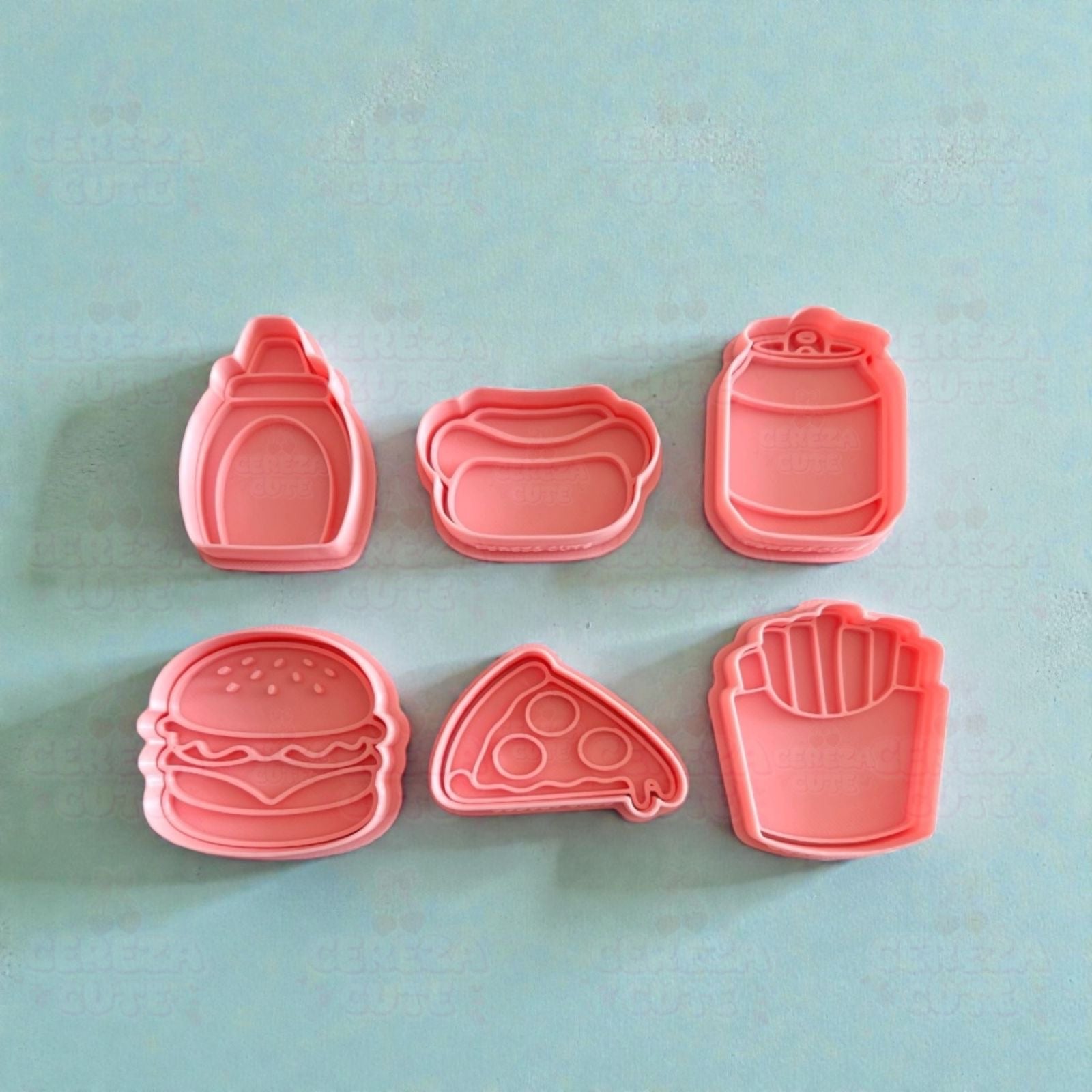 Cortadores y sellos de galletas Set de 6 diseños de comida rapida, papitas fritas, pizza de 5cm para fondant reposteria, galletas, masa fria y manualidades.