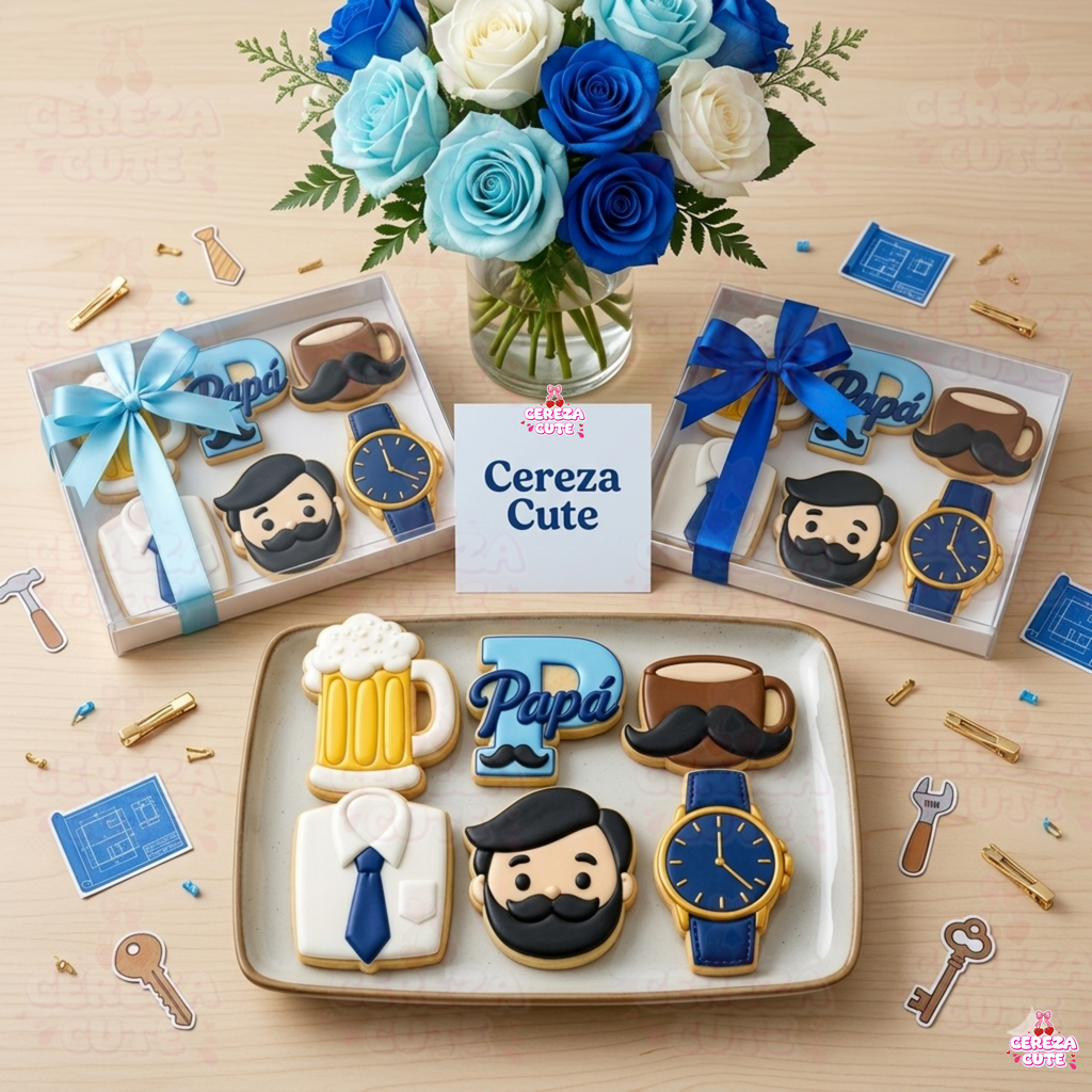 Cortadores y sellos de galletas Set de 6 diseños del dia del padre, de 5cm para fondant reposteria, galletas, masa fria y manualidades.