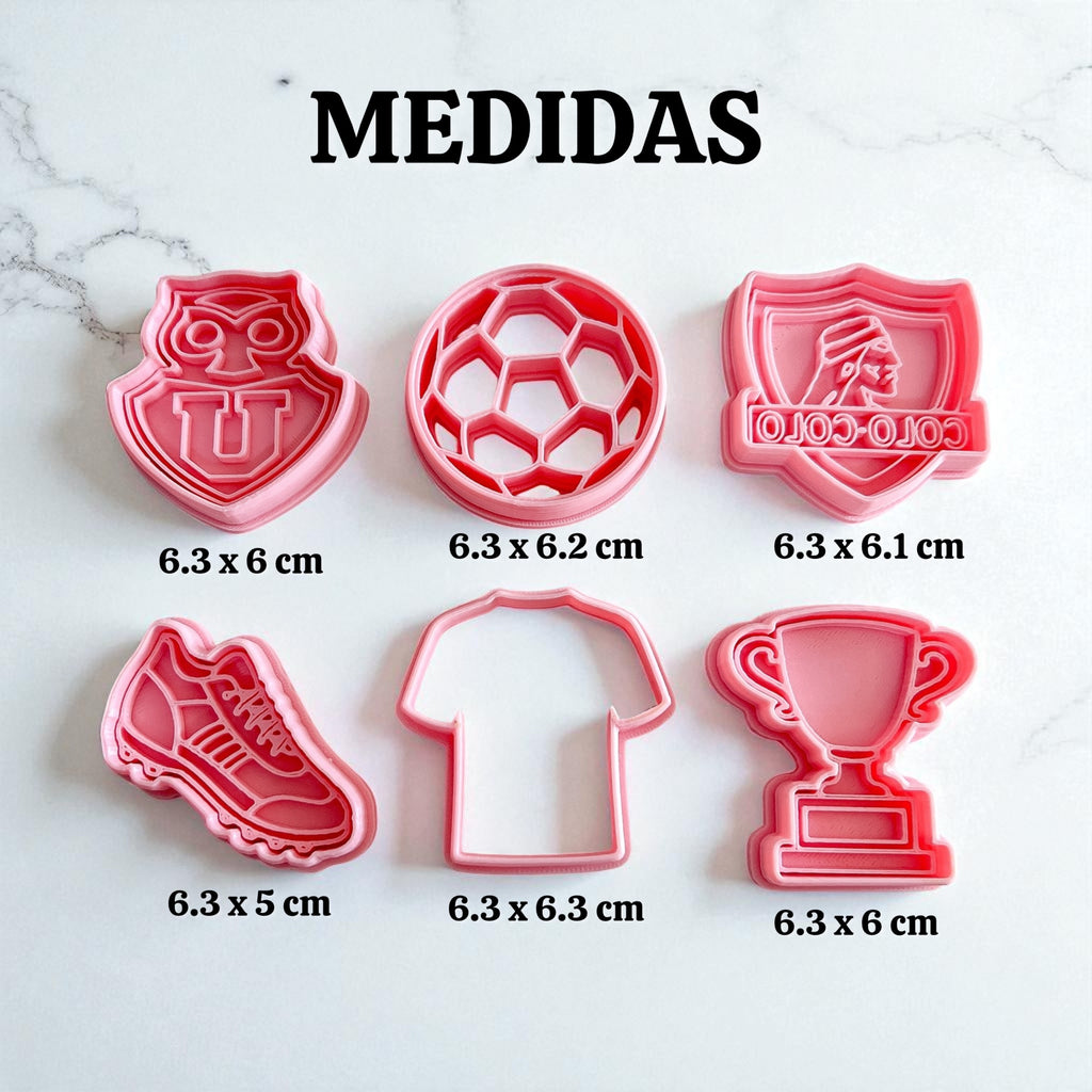 Cortadores y sellos de galletas Set de 6 figuras de FUTBOL, 6cm para fondant reposteria, galletas, masa fria y manualidades.