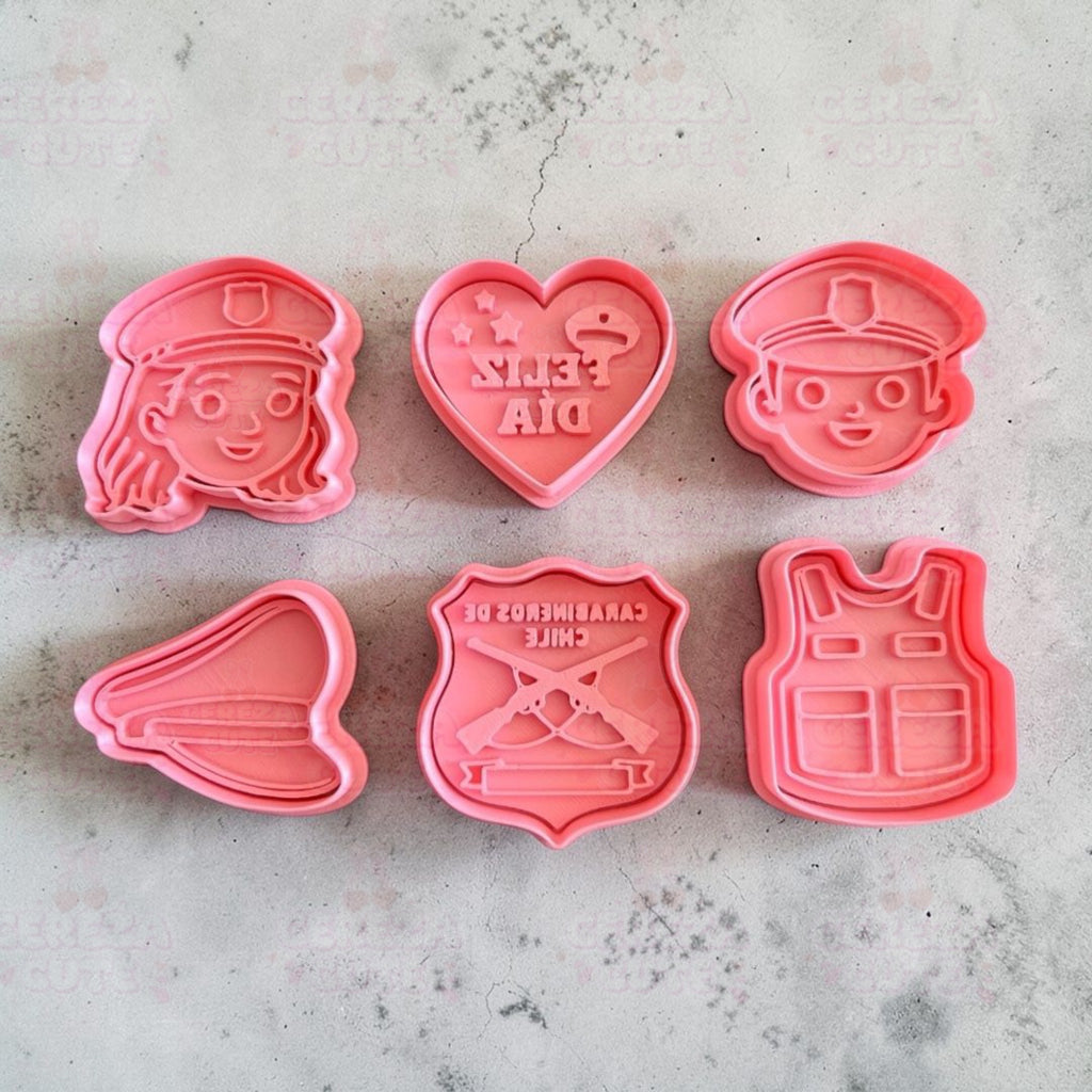 Cortadores y sellos de galletas Set de 6 diseños de Carabineros, de 5cm para fondant reposteria, galletas, masa fria y manualidades.