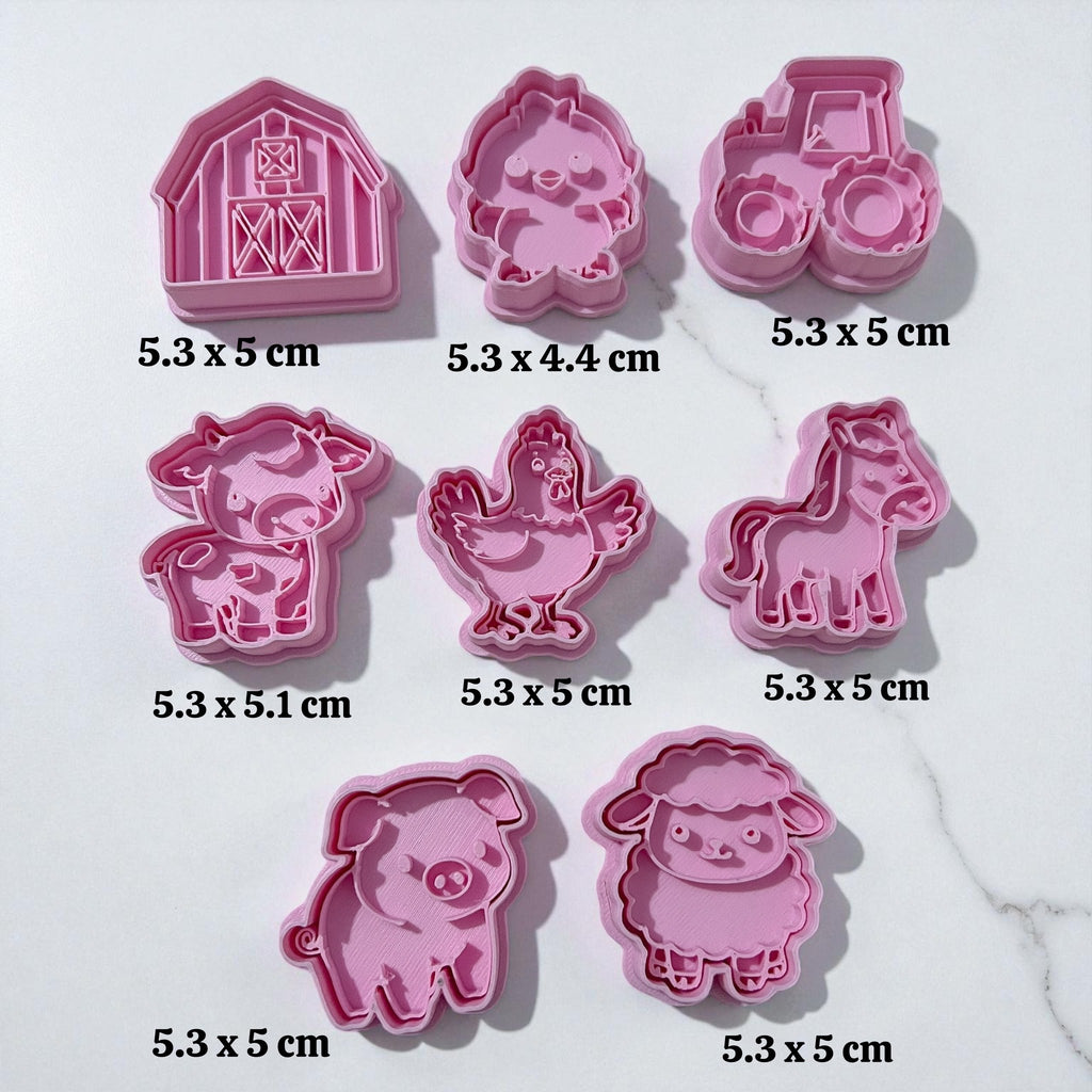 Cortadores y sellos de galletas Set de 8 figuras de Animales de la granja, vaca, gallina de 5cm para fondant reposteria, galletas, masa fria y manualidades.