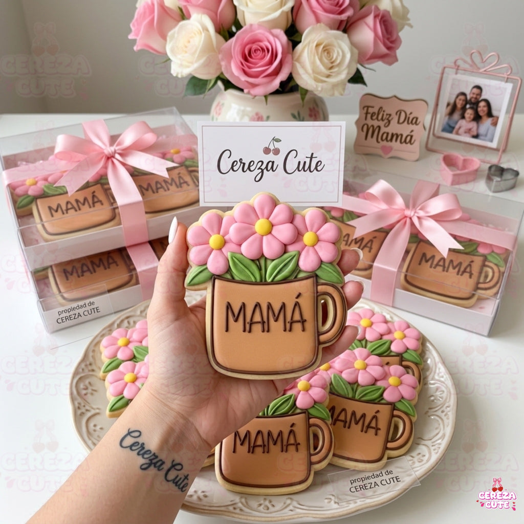 Cortador y sello de galleta Taza dia de la Madre para fondant reposteria, galletas, masa fria y manualidades.