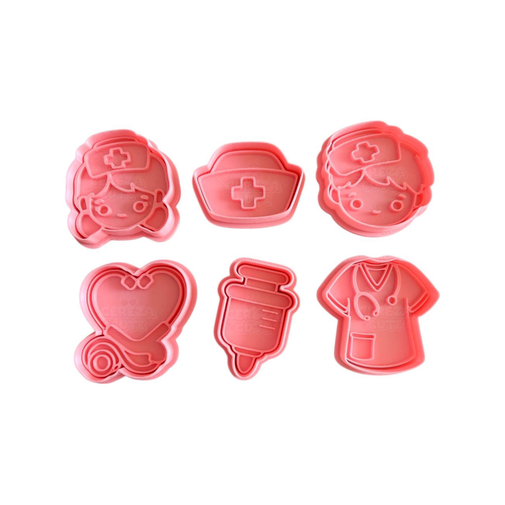 Cortadores y sellos de galletas Set de 6 diseños de enfermeria, de 5cm para fondant reposteria, galletas, masa fria y manualidades.