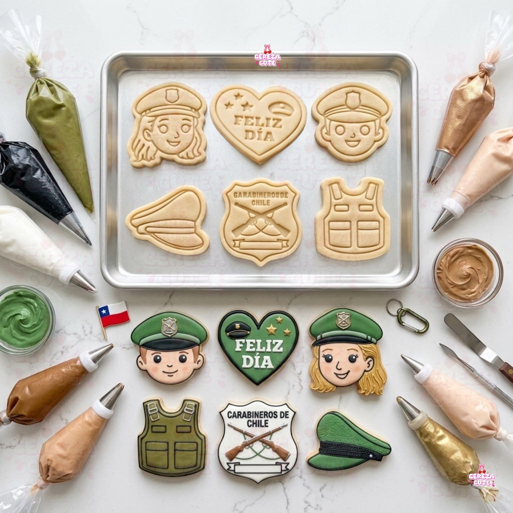 Cortadores y sellos de galletas Set de 6 diseños de Carabineros, de 5cm para fondant reposteria, galletas, masa fria y manualidades.