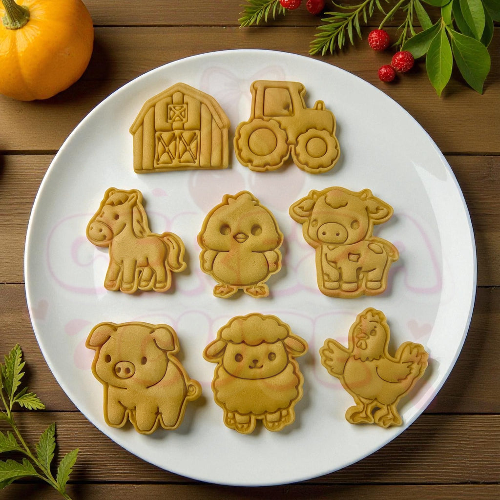 Cortadores y sellos de galletas Set de 8 figuras de Animales de la granja, vaca, gallina de 5cm para fondant reposteria, galletas, masa fria y manualidades.
