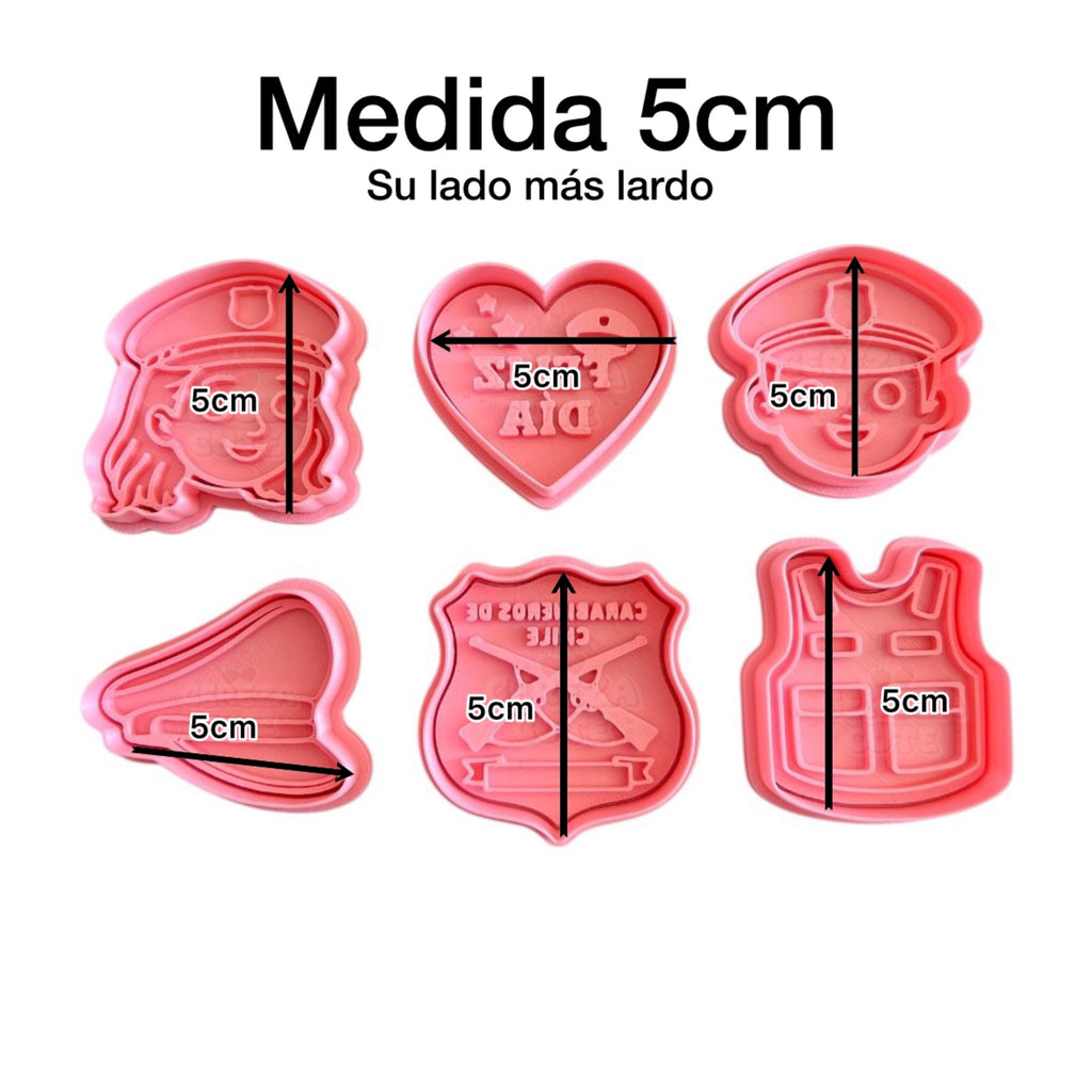 Cortadores y sellos de galletas Set de 6 diseños de Carabineros, de 5cm para fondant reposteria, galletas, masa fria y manualidades.