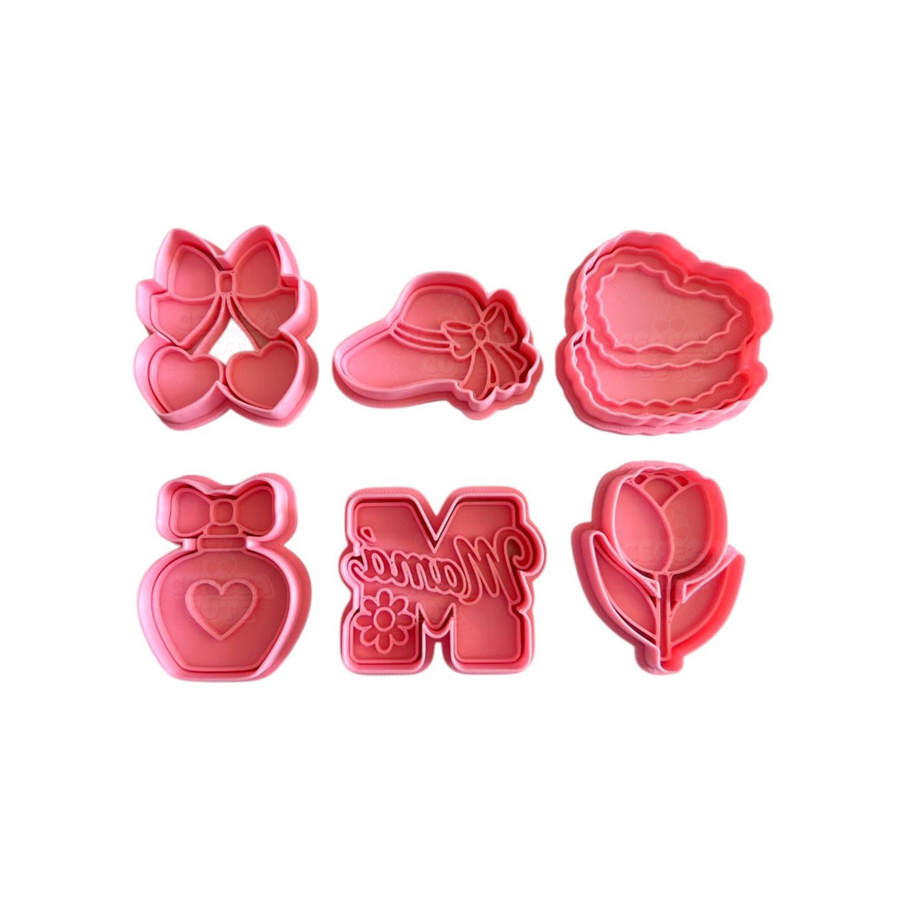Cortadores y sellos de galletas Set de 6 diseños del Dia de la Madre, de 5cm para fondant reposteria, galletas, masa fria y manualidades.