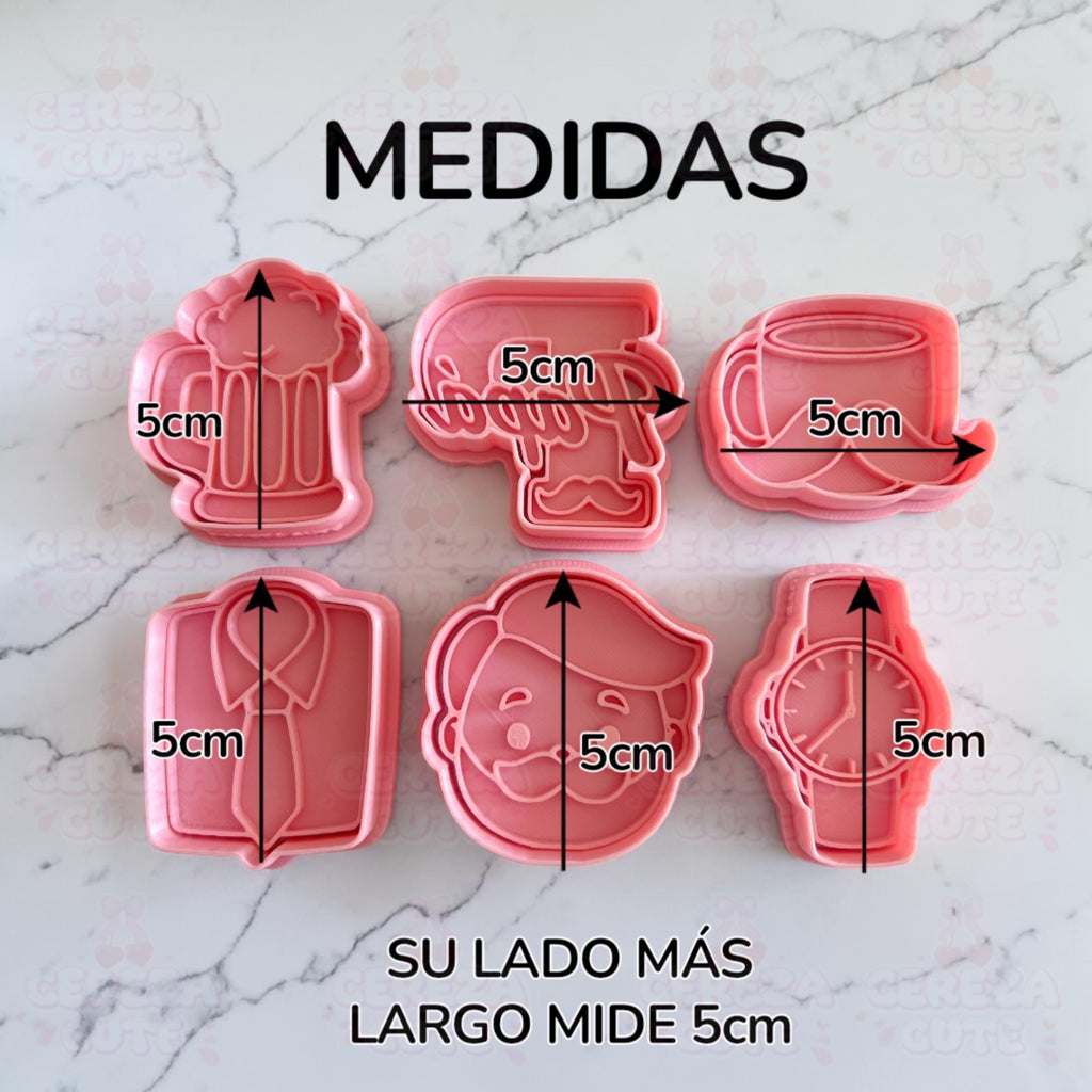 Cortadores y sellos de galletas Set de 6 diseños del dia del padre, de 5cm para fondant reposteria, galletas, masa fria y manualidades.
