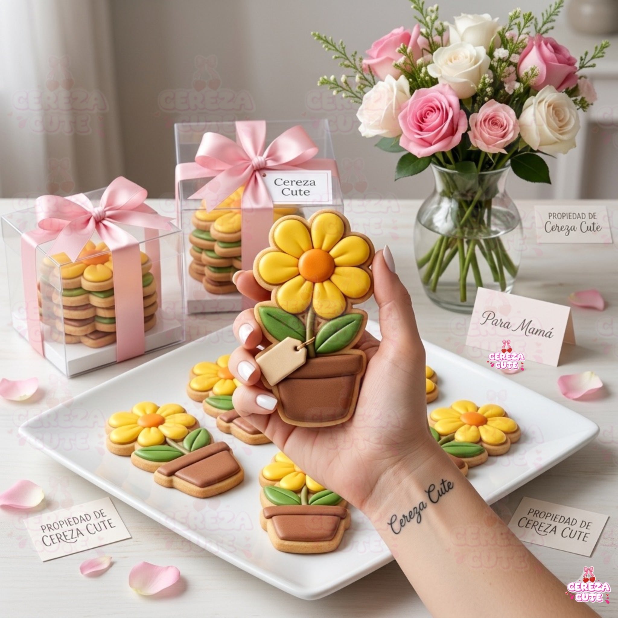 Cortador y sello de galleta Maceta con flor dia de la Madre para fondant reposteria, galletas, masa fria y manualidades.