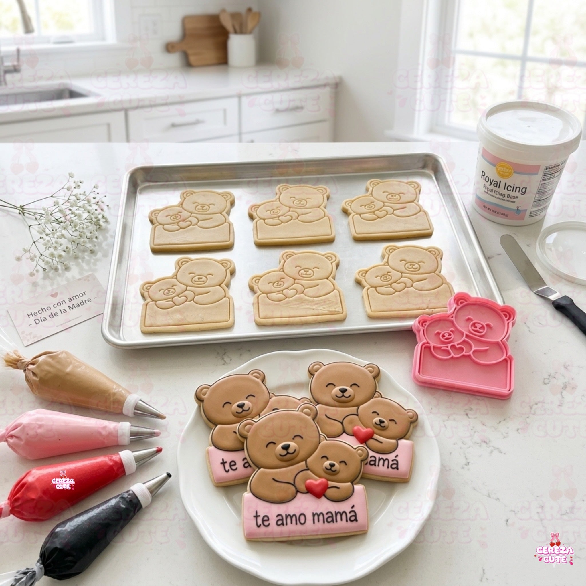 Cortador y sello de galleta Mama oso dia de la Madre para fondant reposteria, galletas, masa fria y manualidades.