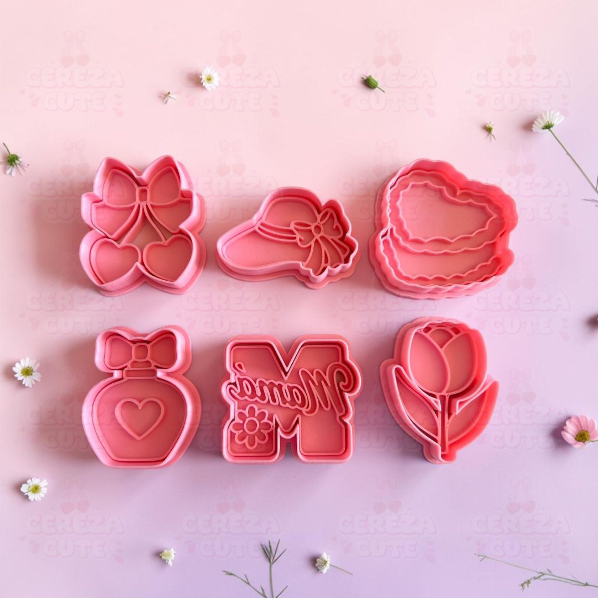 Cortadores y sellos de galletas Set de 6 diseños del Dia de la Madre, de 5cm para fondant reposteria, galletas, masa fria y manualidades.