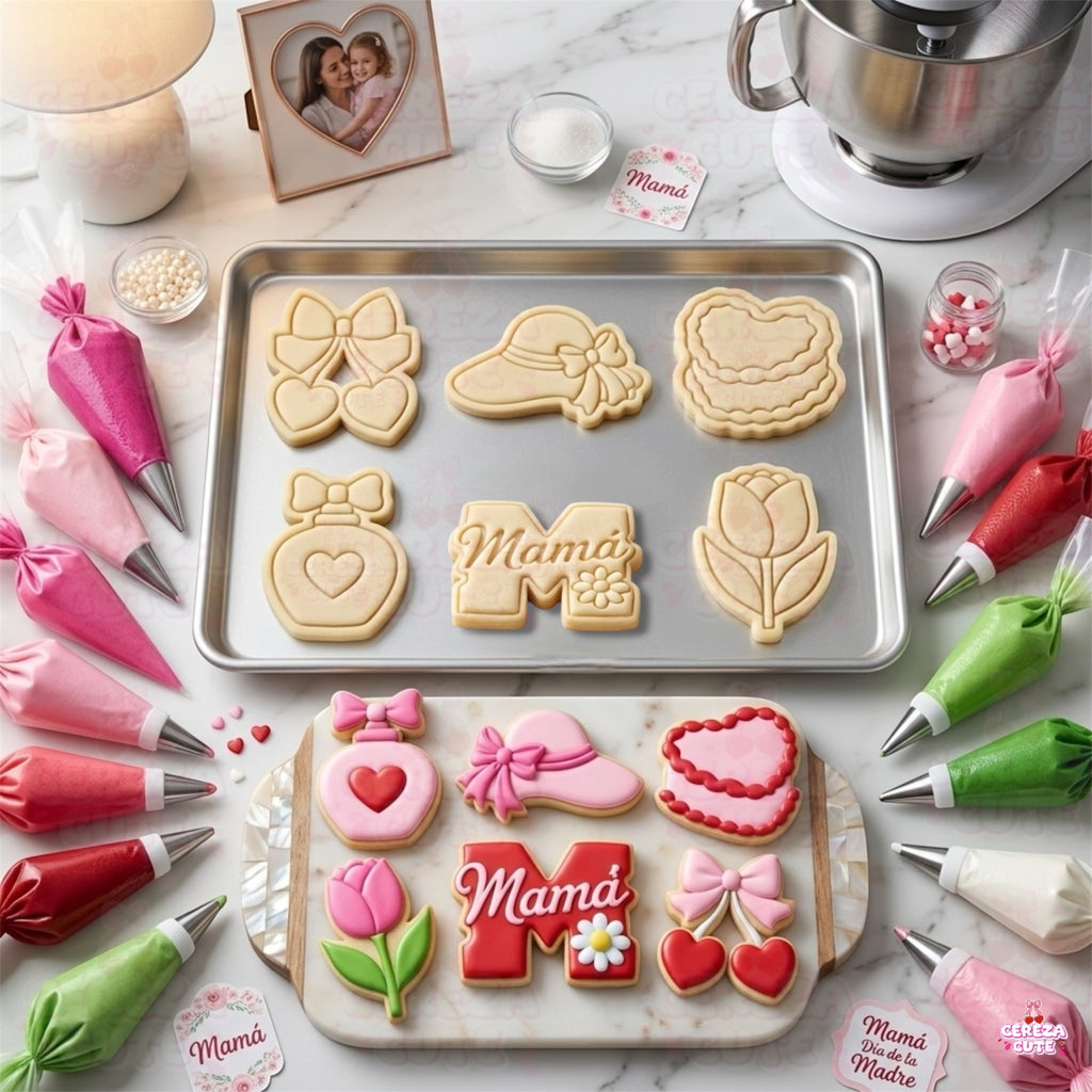 Cortadores y sellos de galletas Set de 6 diseños del Dia de la Madre, de 5cm para fondant reposteria, galletas, masa fria y manualidades.